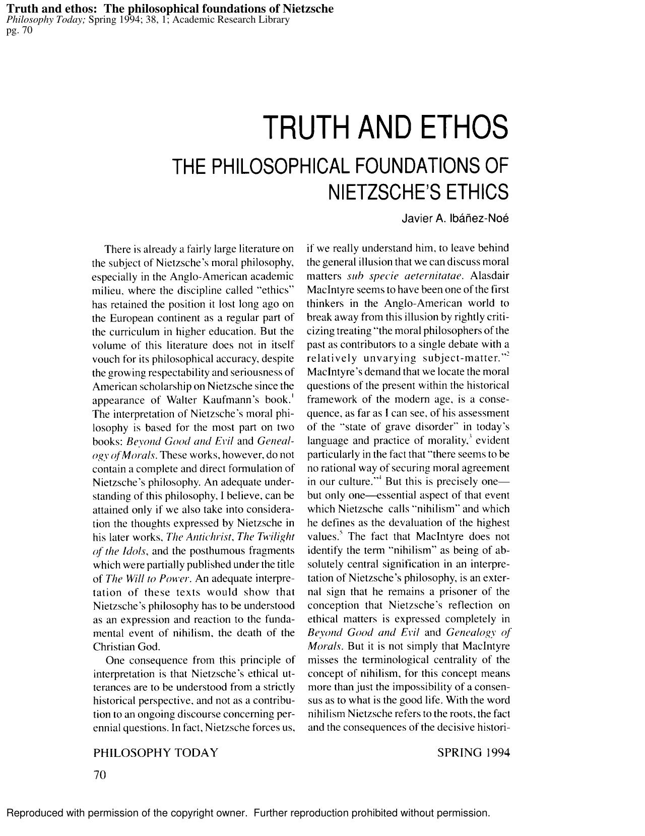 Philosophy Today - Truth and Ethos - The Philosophical Foundations Of Nietzsche's Ethics - Essay