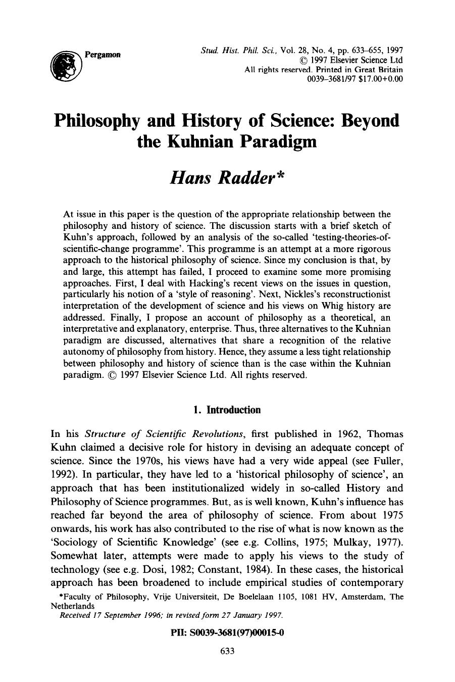 Philosophy and History of Science - Beyond the Kuhnian Paradigm - Paper