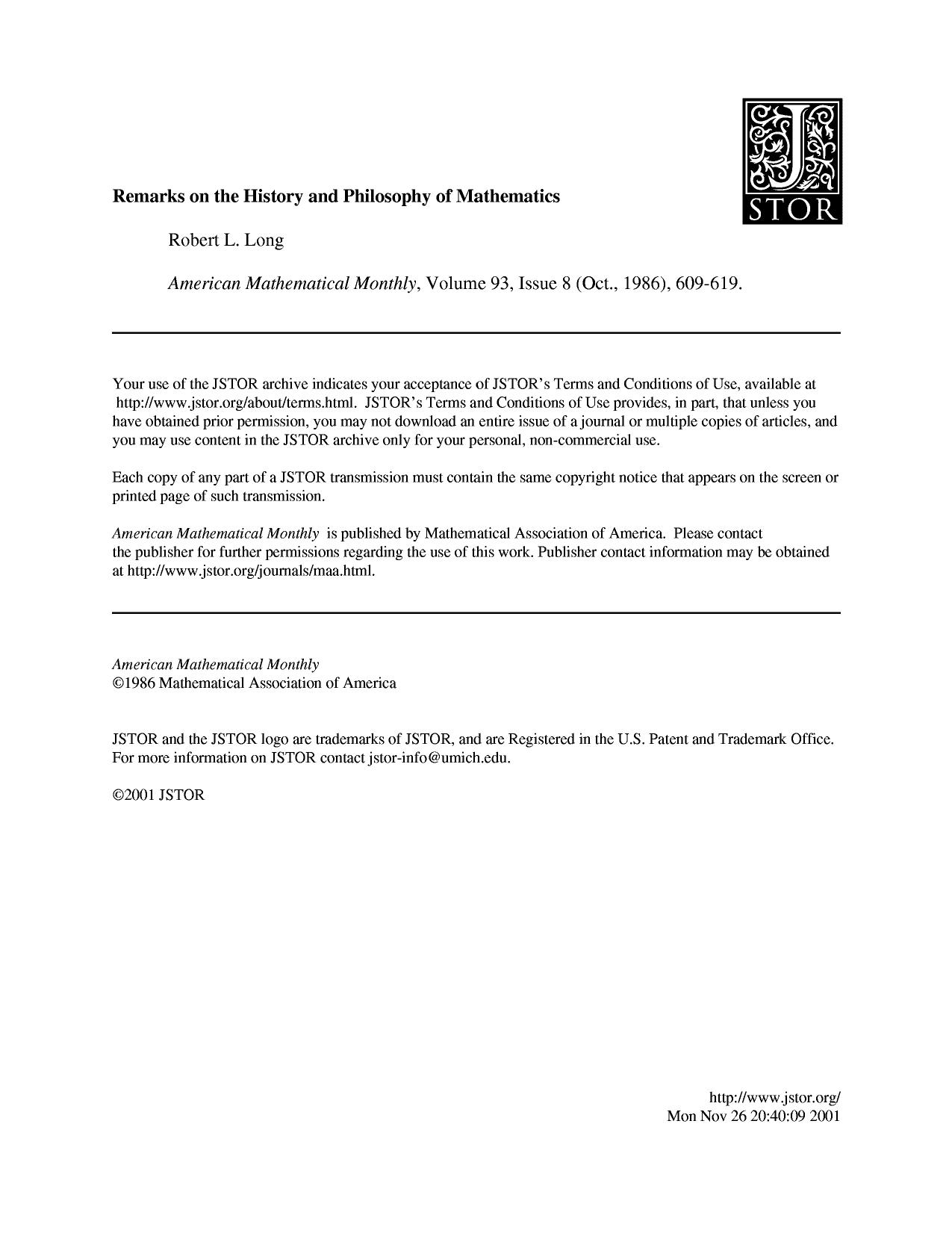 Remarks on the History and Philosophy of Mathematics - Essay