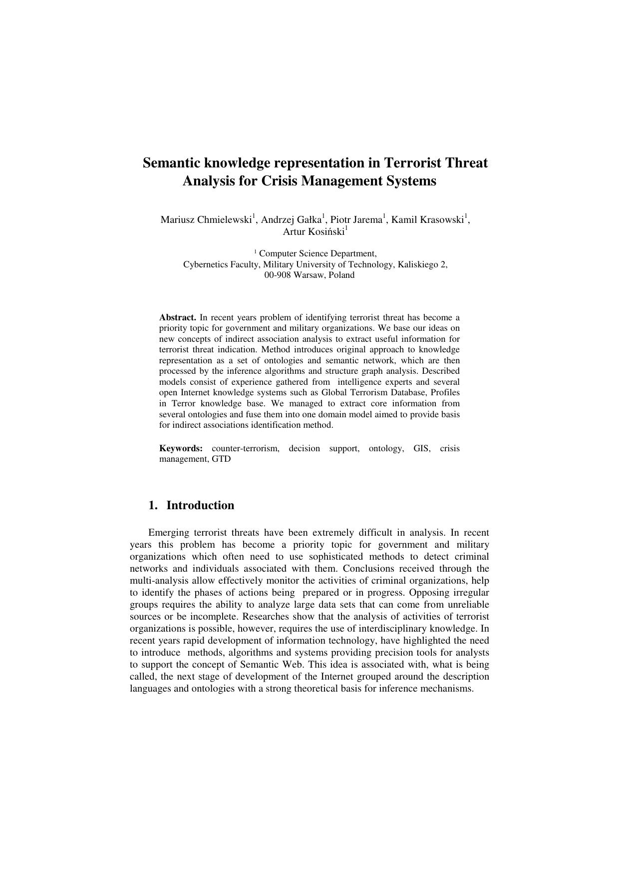 Semantic knowledge representation in Terrorist Threat - Analysis for Crisis Management Systems - Paper