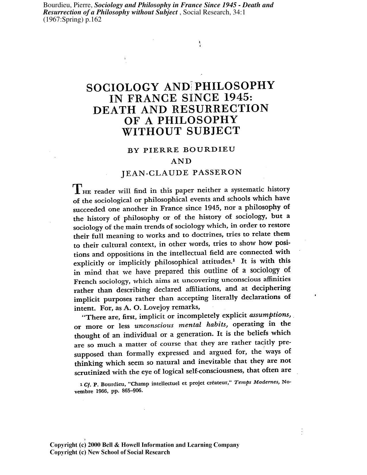 Sociology And Philosophy In France Since 1945 - Death And Resurrection Of A Philosophy without Subject