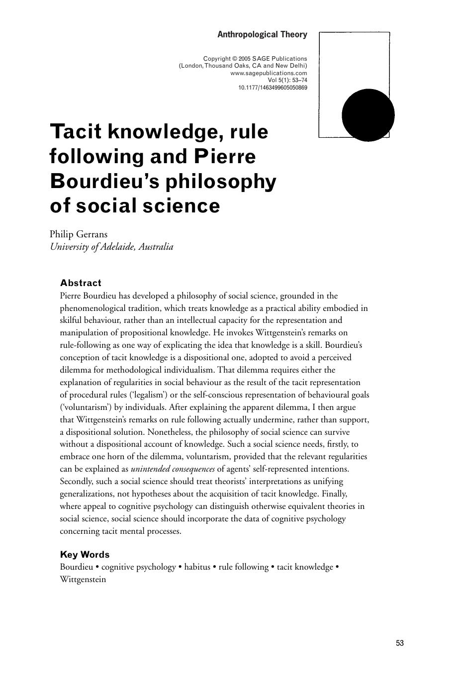Tacit Knowledge, Rule Following And Pierre Bourdieu's Philosophy of Social Science