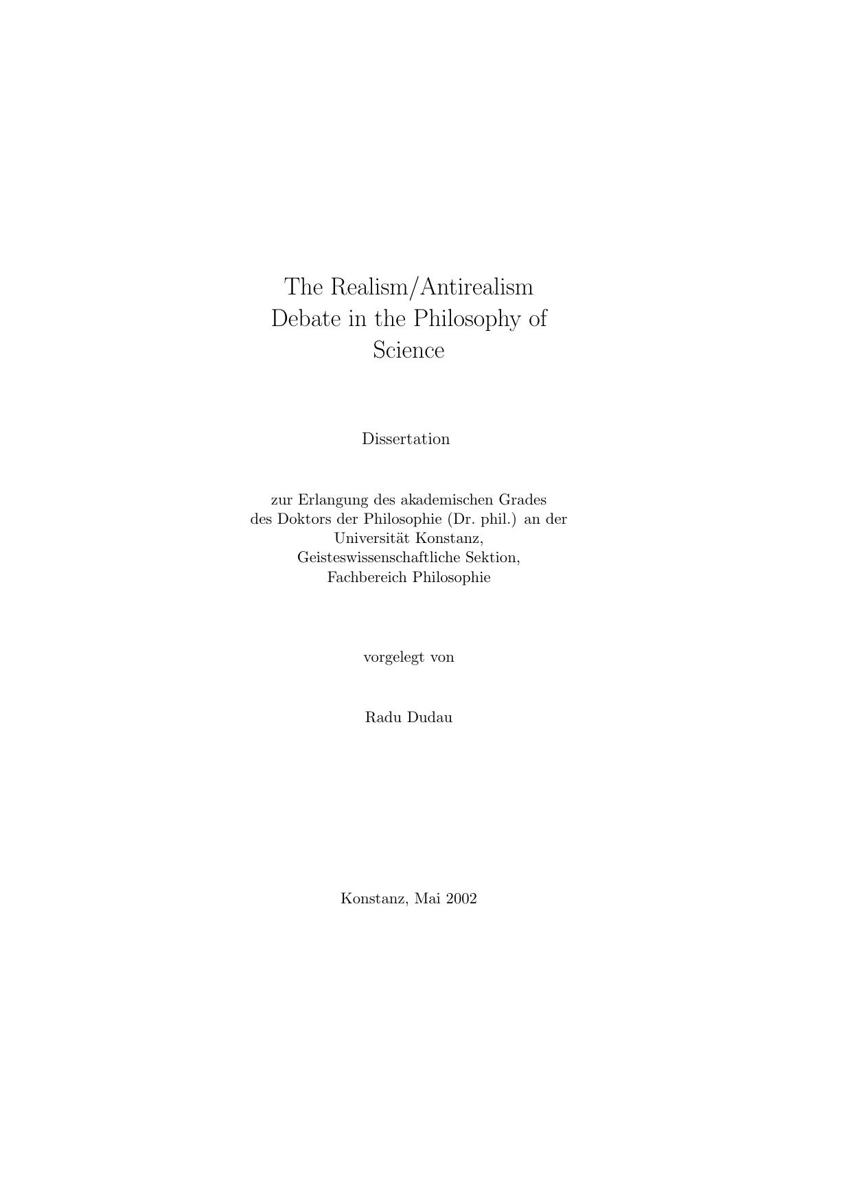 The Realism/antirealism Debate in the Philosophy of Science: Dissertation