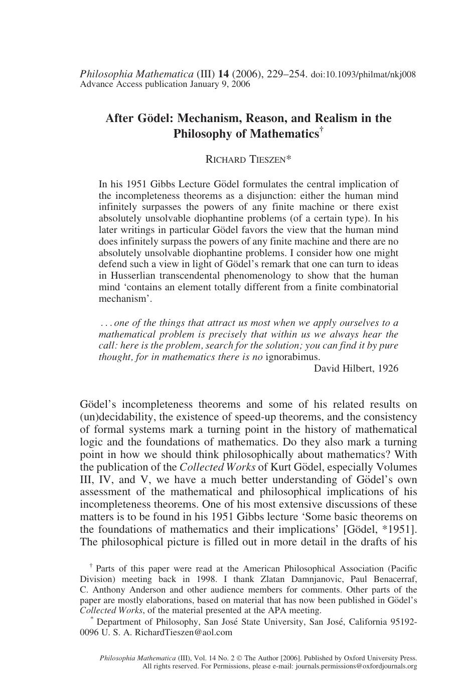 After Godel - Mechanism, Reason & Realism in the Philosophy of Mathematics - Article