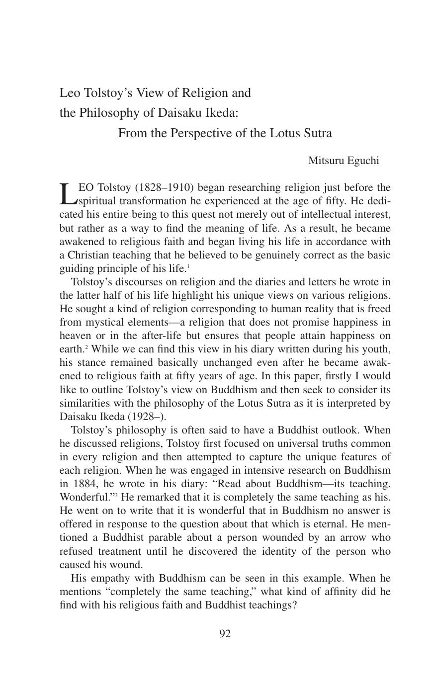 Leo Tolstoy’s View of Religion and  the Philosophy of Daisaku Ikeda: From the Perspective of the Lotus Sutra - Essay