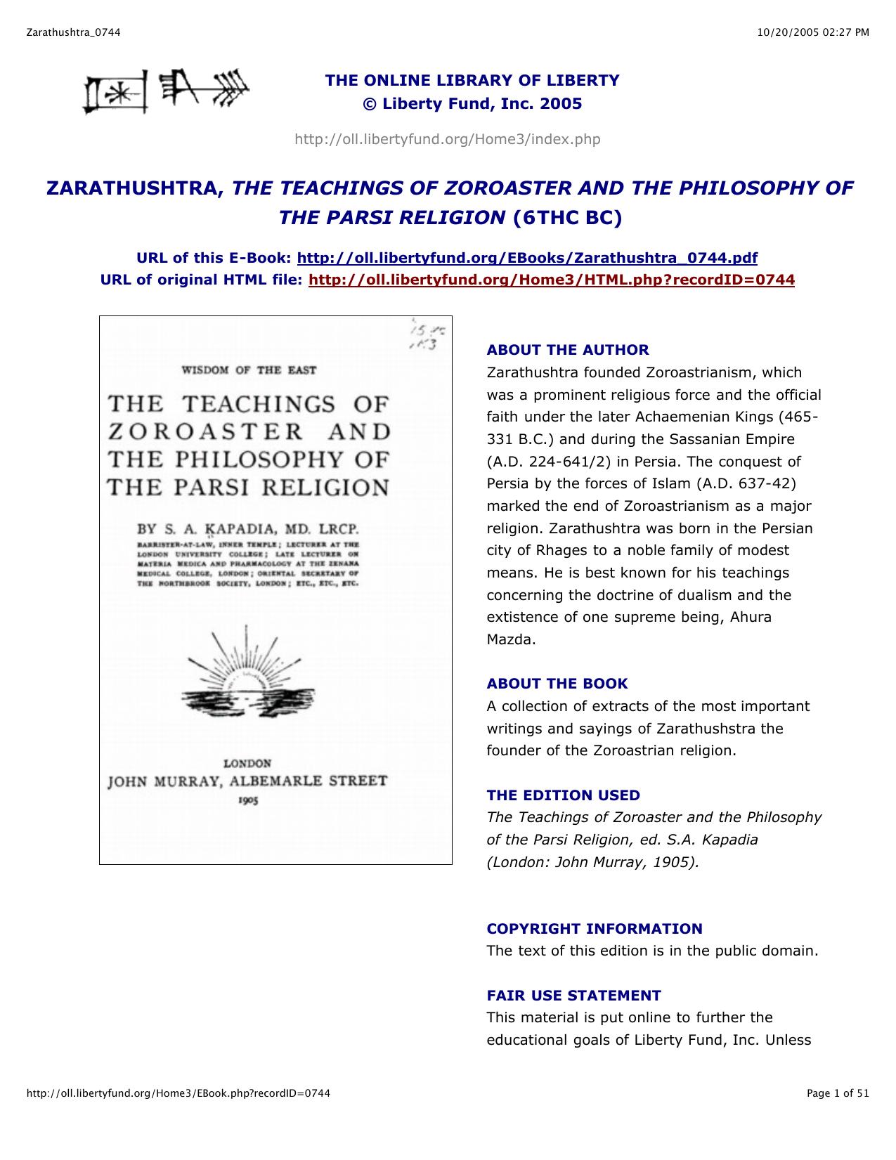 Zarathushtra, The Teachings of Zoroaster and The Philosophy of the Parsi Religion - Essay