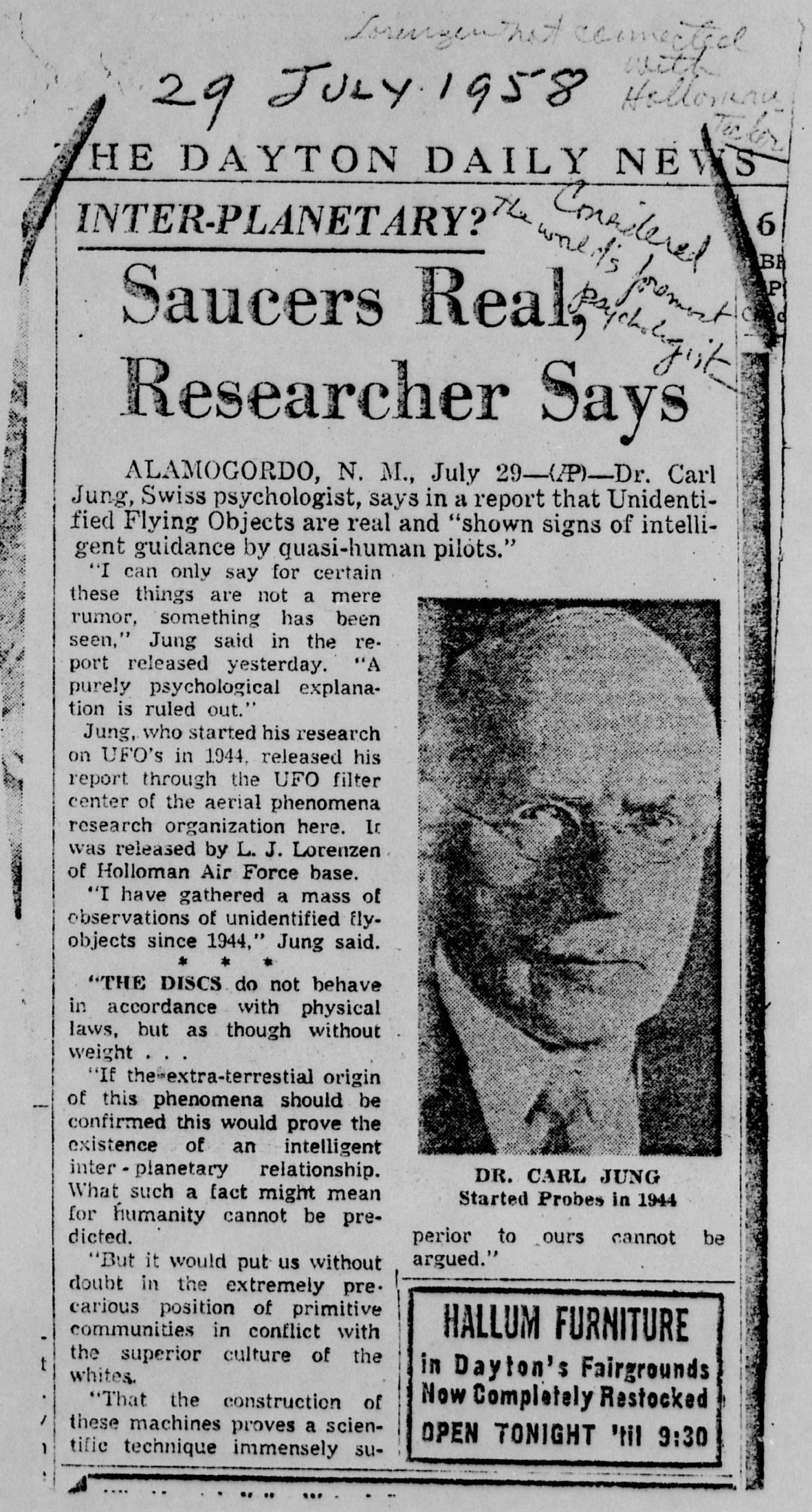 1958, Dayton Daily News, Saucers Real Researcher Says