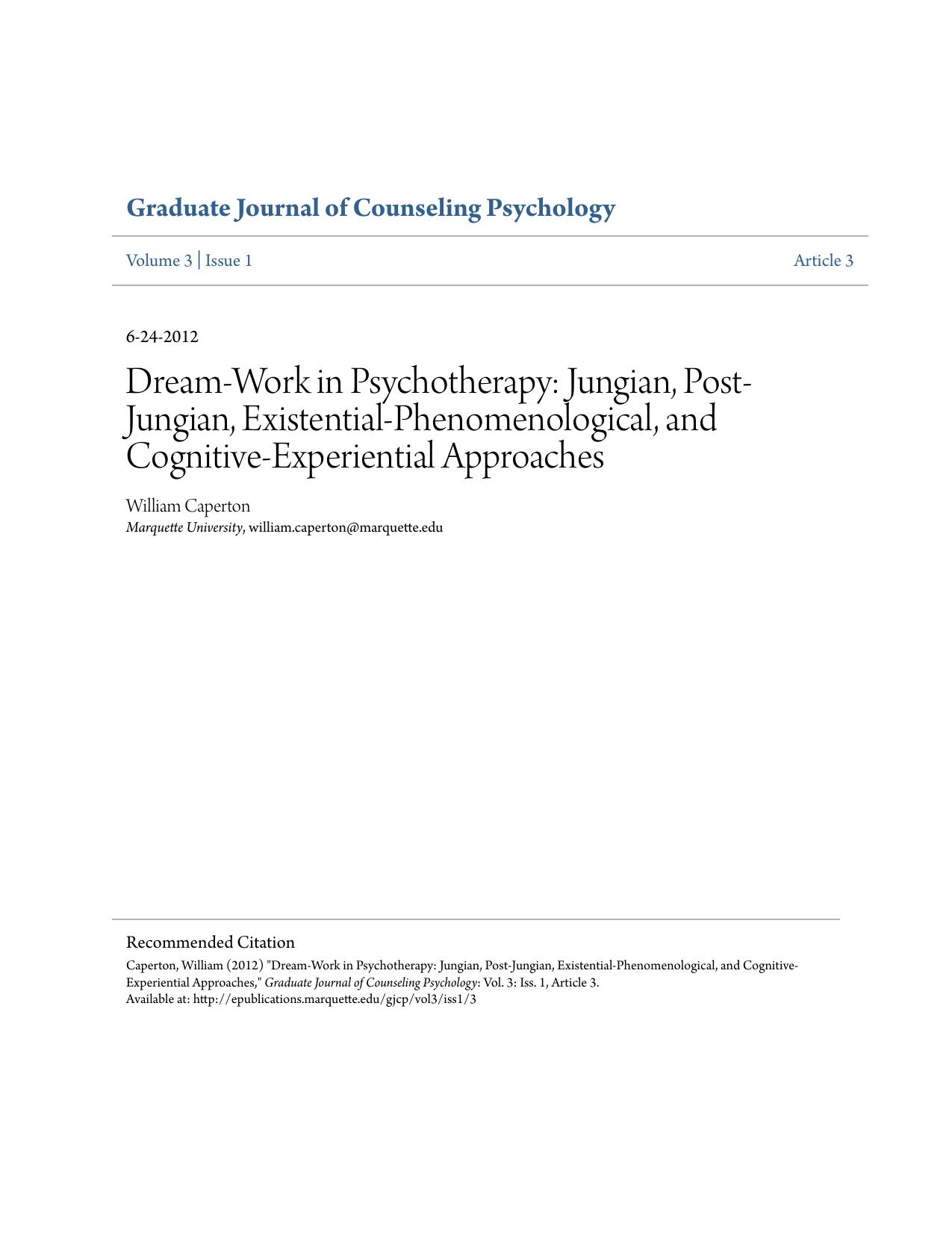 Dream-Work in Psychotherapy: Jungian, Post-Jungian, Existential-Phenomenological, and Cognitive-Experiential Approaches