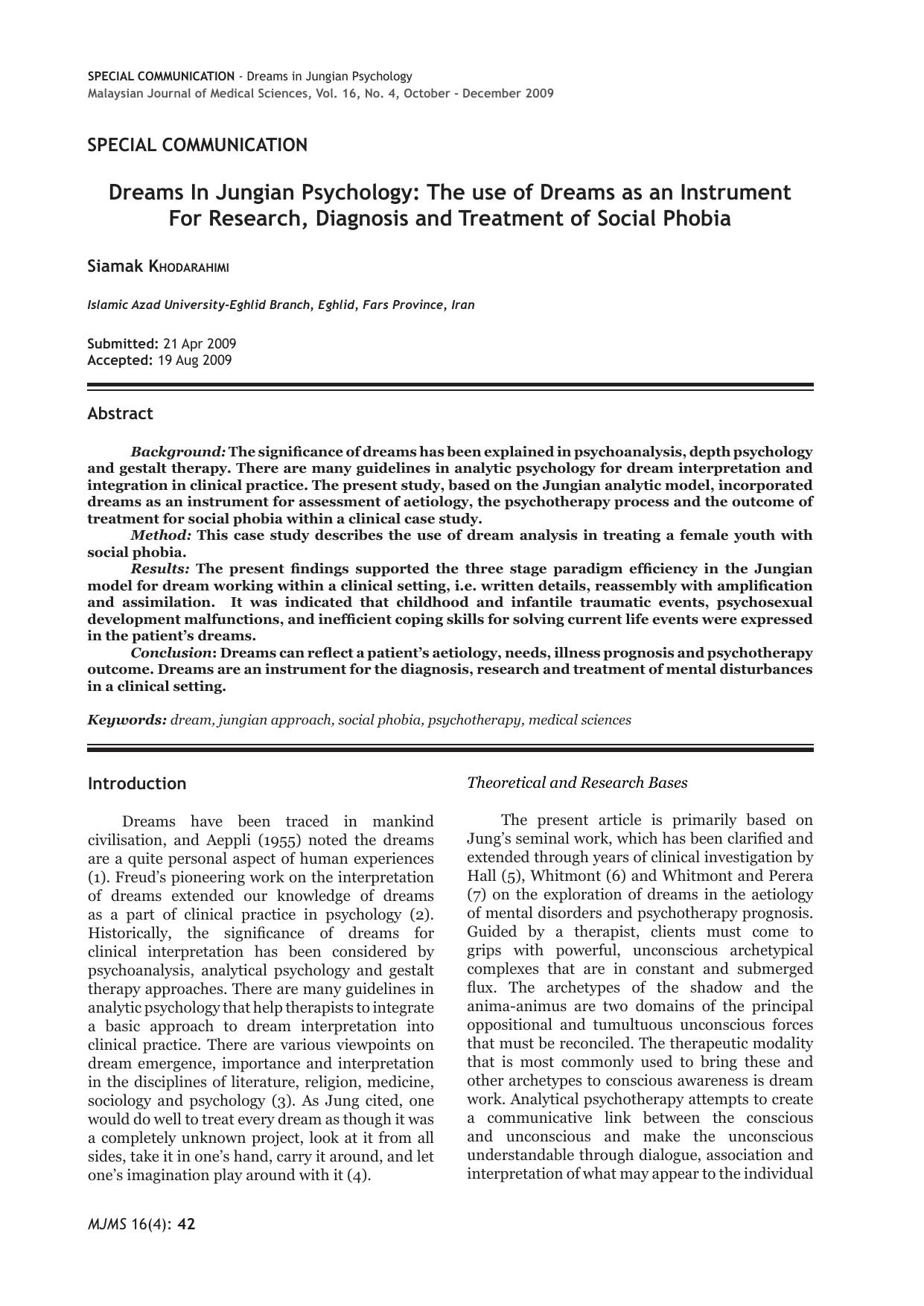 Dreams In Jungian Psychology: The use of Dreams as an Instrument  For Research, Diagnosis and Treatment of Social Phobia - Paper