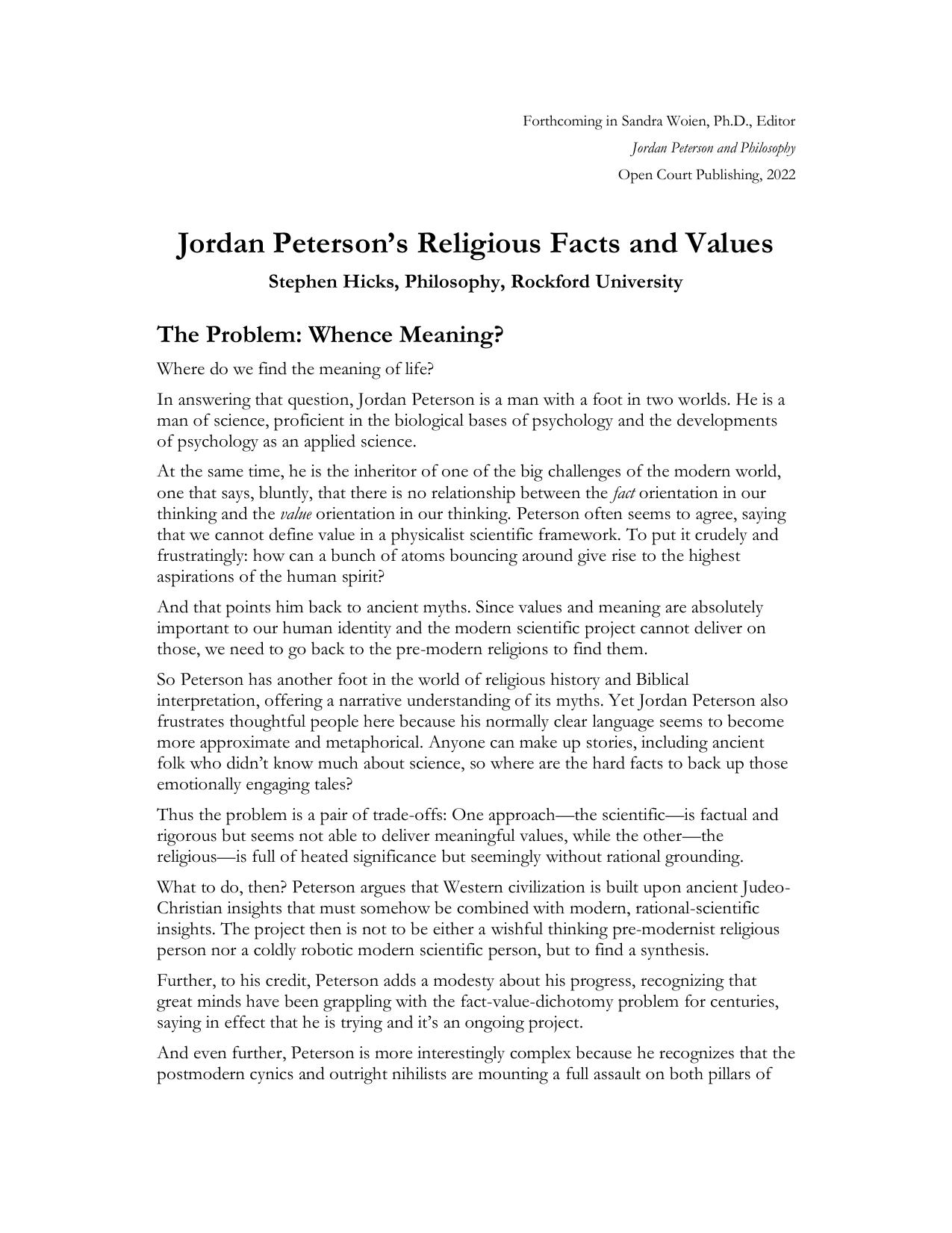 Jordan Petersons Religious Facts and Values