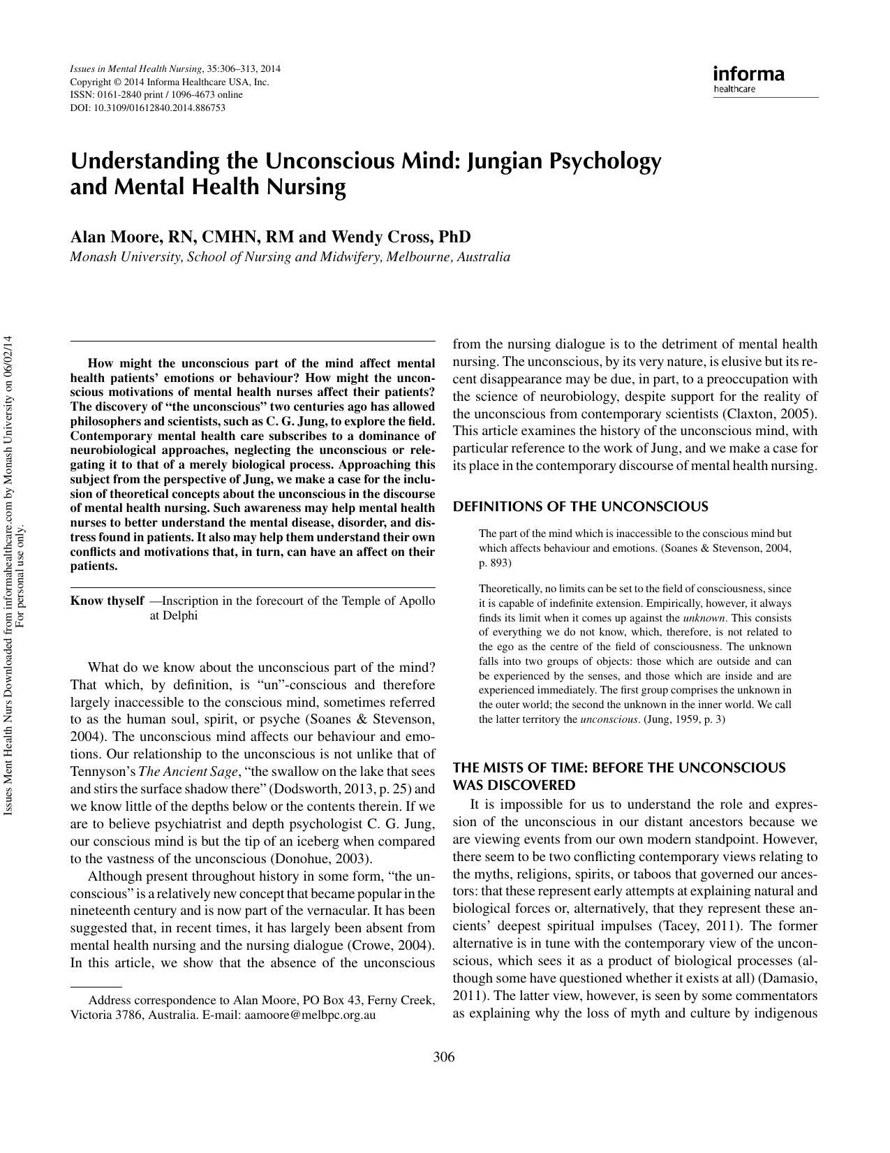 Understanding the Unconscious Mind: Jungian Psychology  and Mental Health Nursing - Article