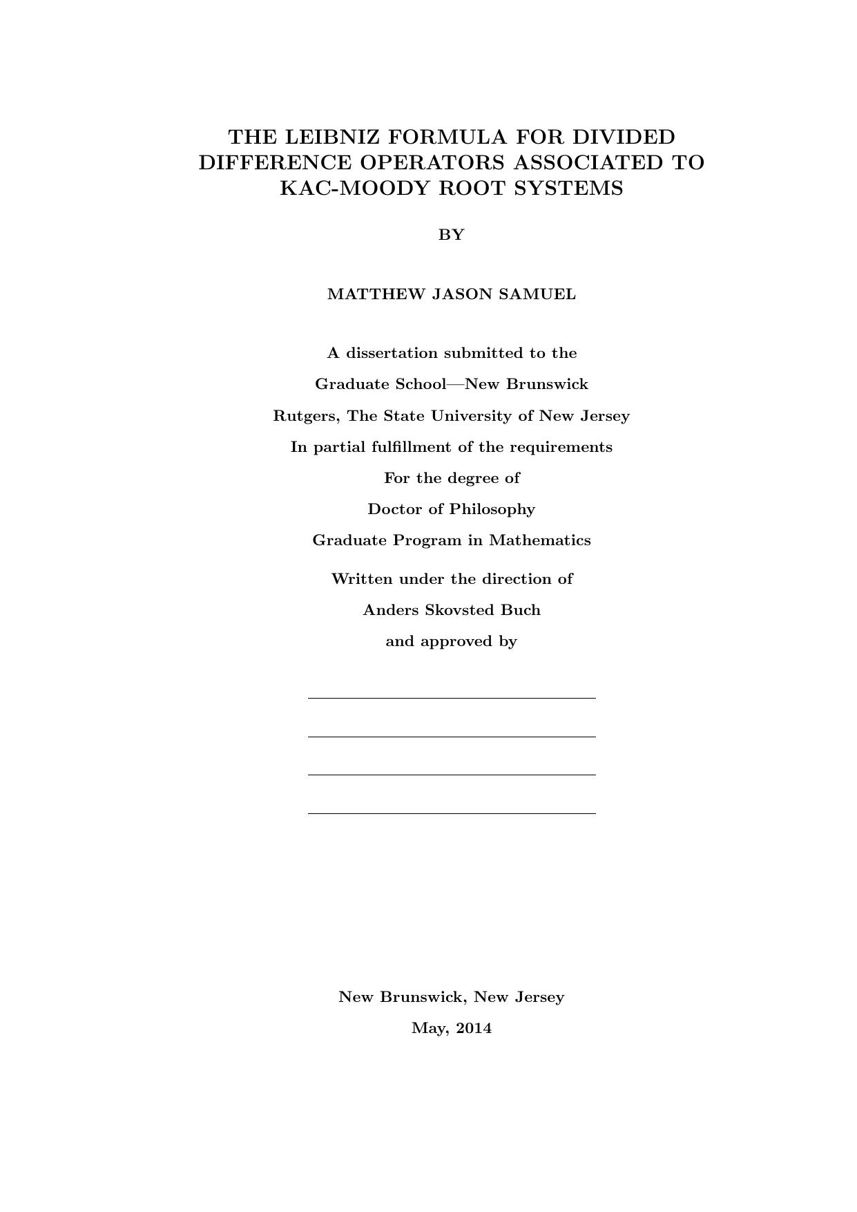 The Leibniz formula for divided difference operators associated to Kac-Moody root systems - Thesis