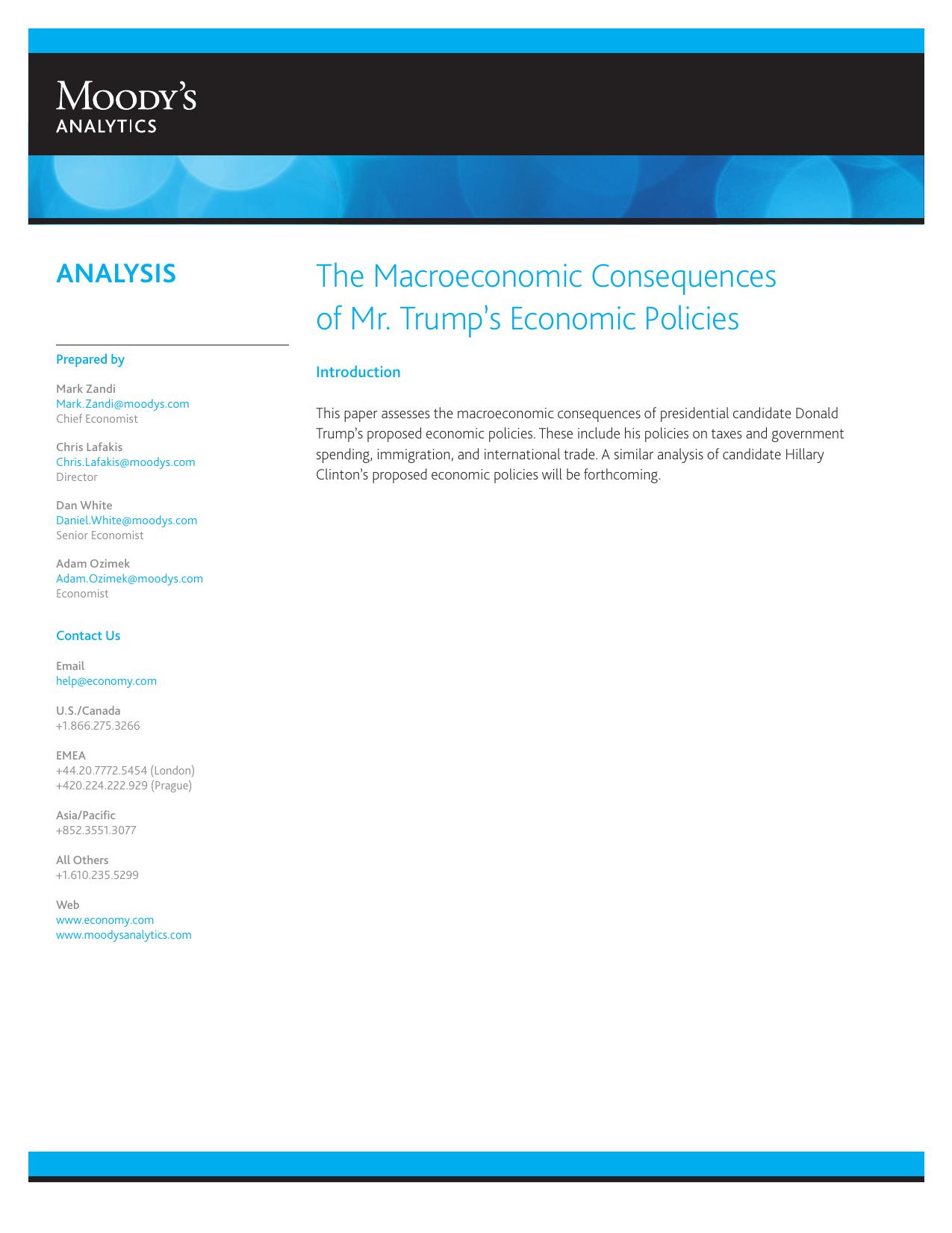 The Macroeconomic Consequences of Mr. Trump's Economic Policies, Moody's Analytics White Paper
