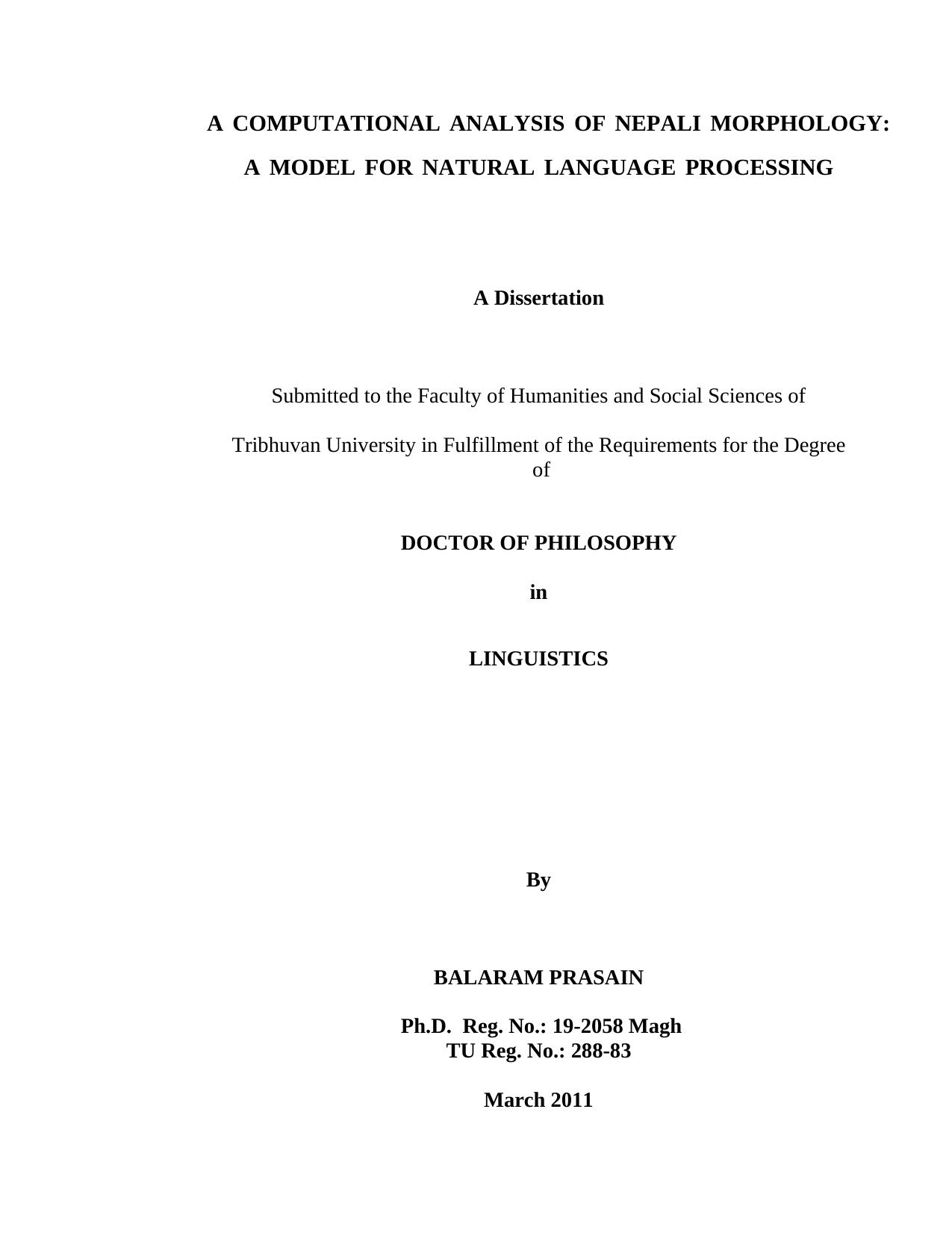 A Computational Analysis of Nepali Morphology: A Model for Natural Language Processing - Disertation