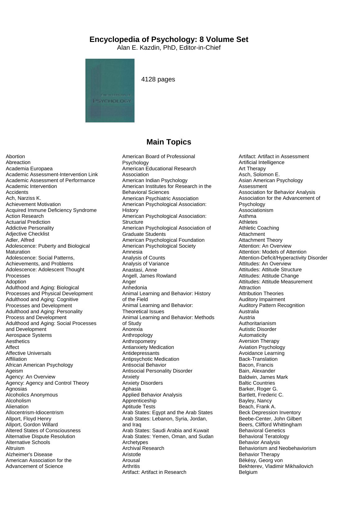 Encyclopedia of Psychology 8-Volume Set