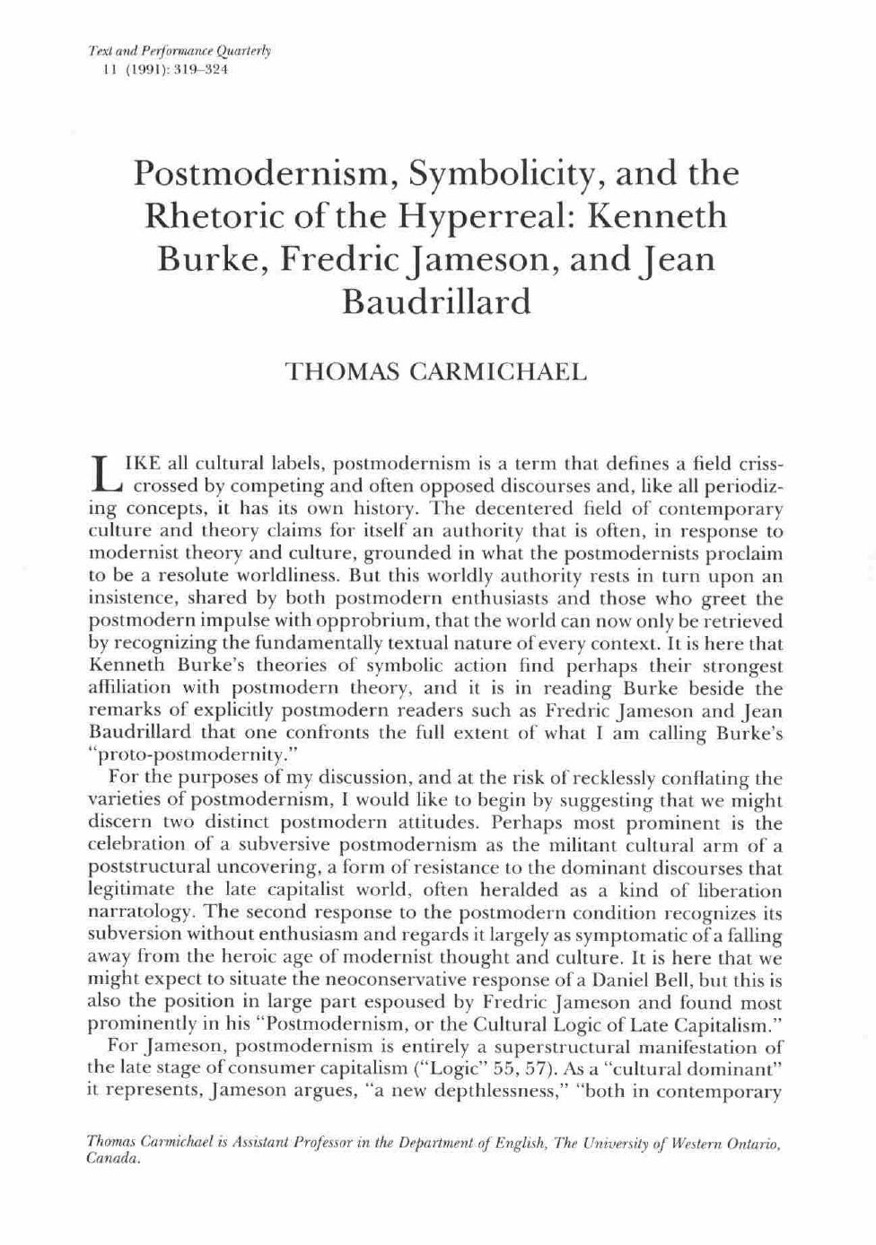 Postmodernism, Symbolicity, and the Rhetoric of the Hyperreal: Kenneth Burke, Fredric Jameson, and Jean Baudrillard - Essay