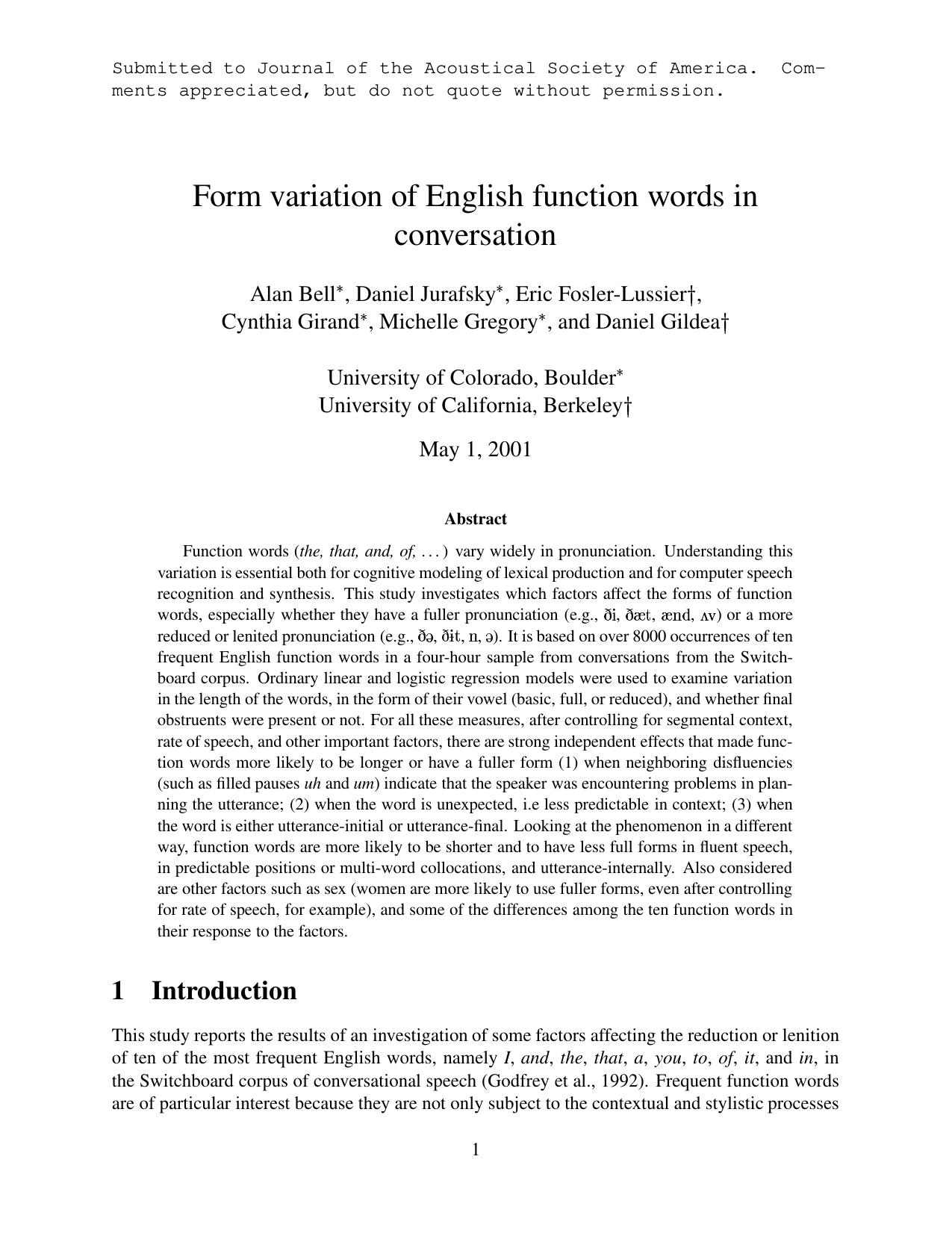 Form variation of English function words in conversation - Paper