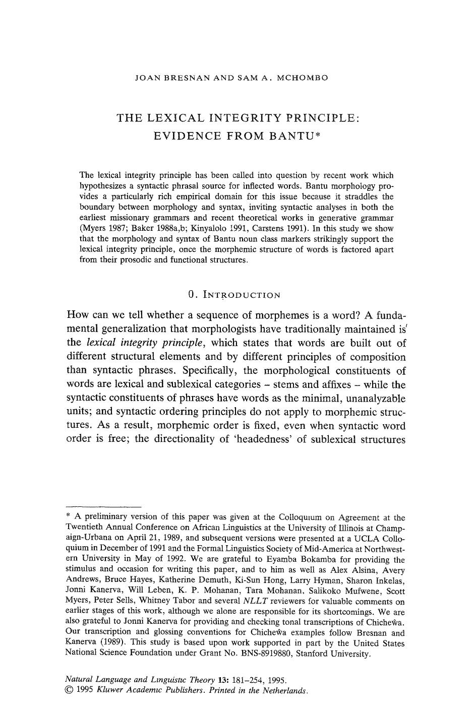 The lexical integrity principle: Evidence from Bantu - Paper