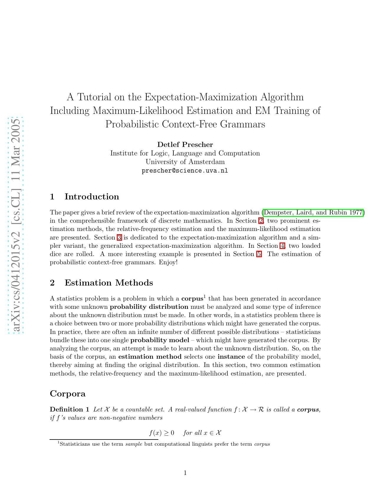 A Tutorial on the Expectation-Maximization Algorithm Including Maximum-Likelihood Estimation and EM Training of Probabilistic Context-Free Grammars - Paper