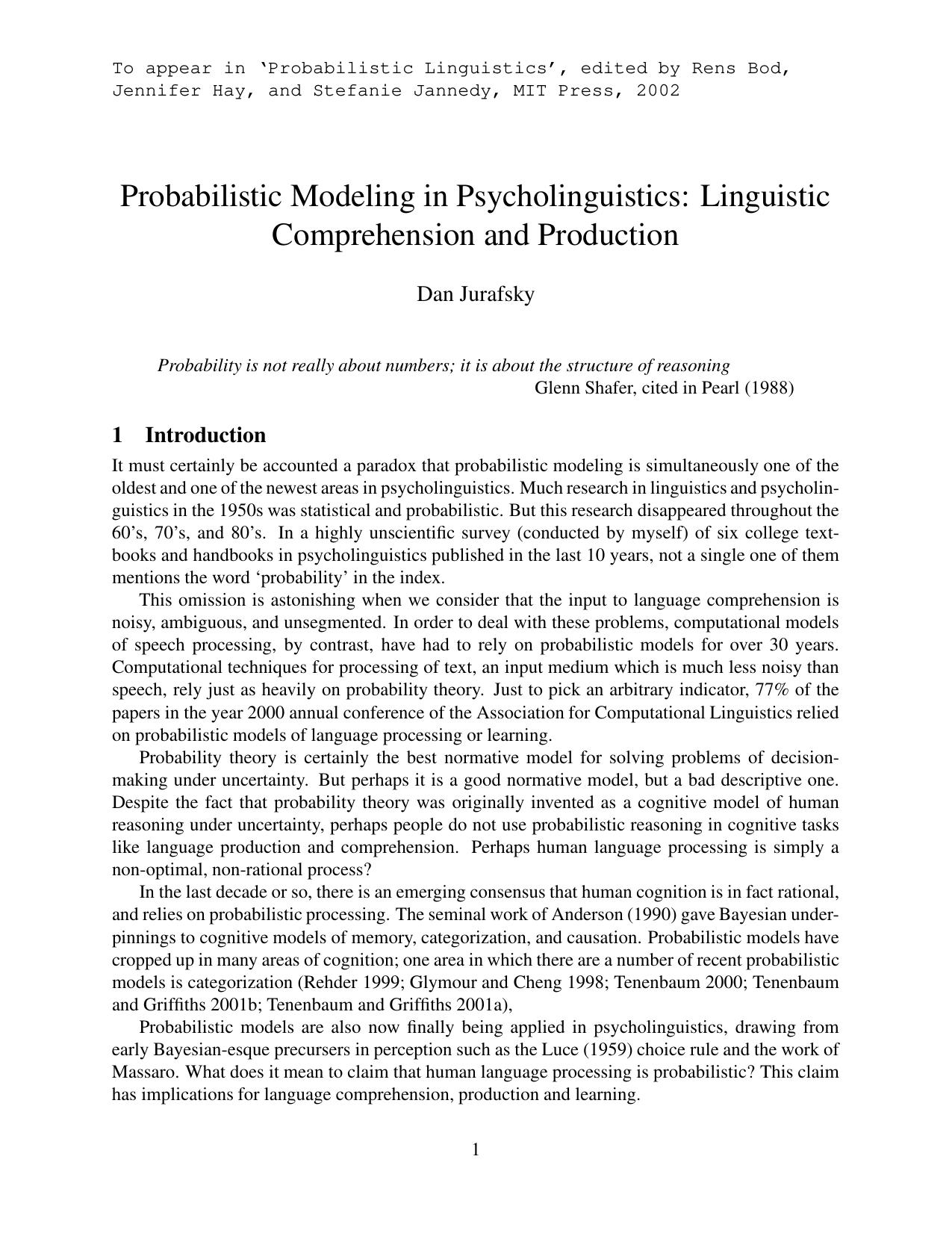 Jurafsky - Probabalistic Modeling in Psycholinguistics - Linguistic Comprehension and Production - Essay