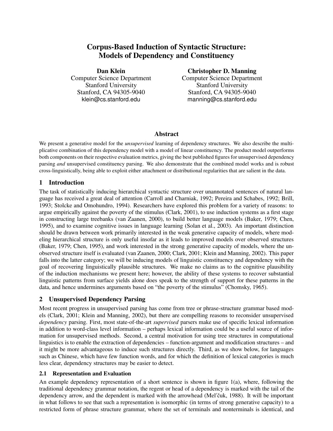 Corpus-Based Induction of Syntactic Structure: Models of Dependency and Constituency - Paper