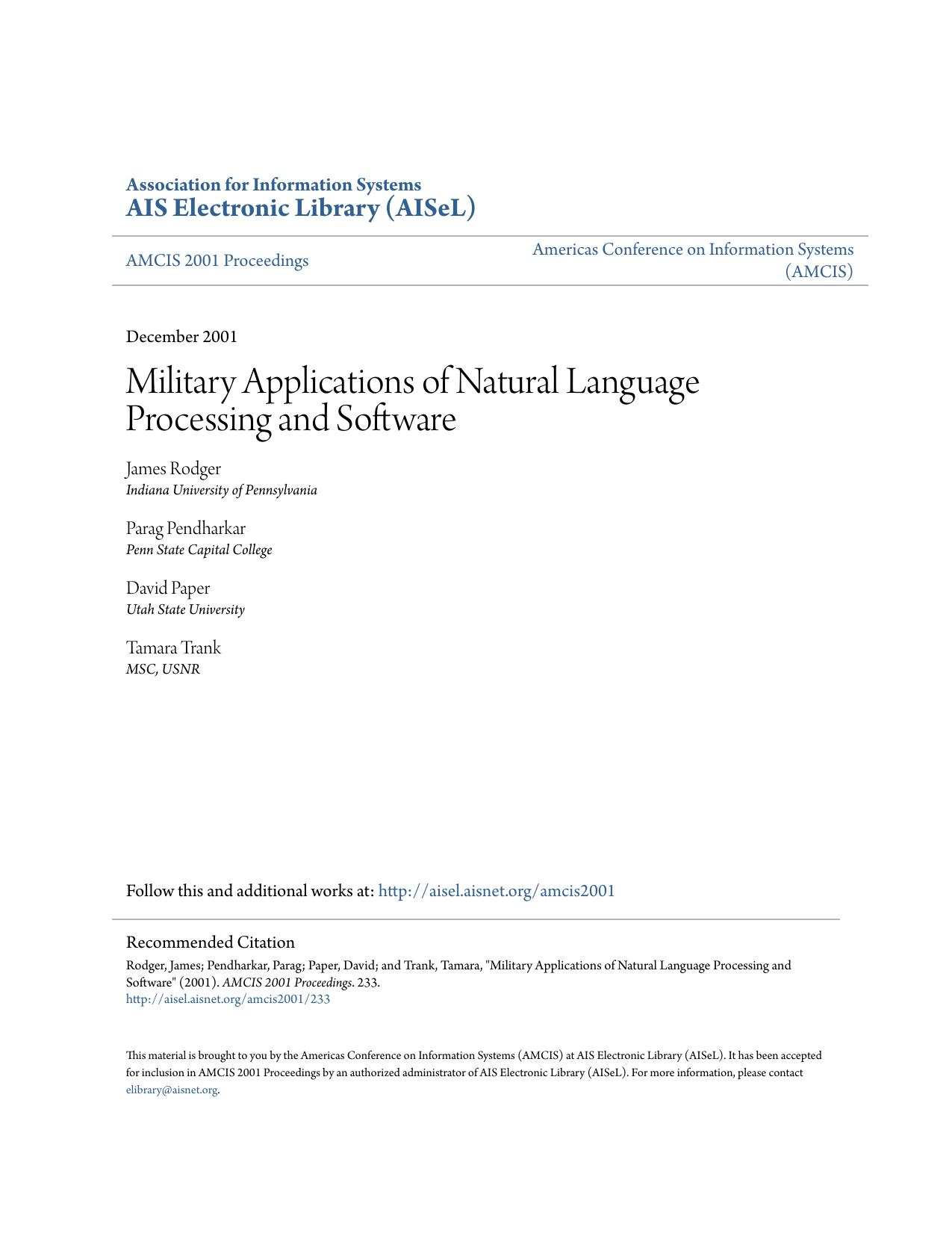 Military Applications of Natural Language Processing and Software - Paper