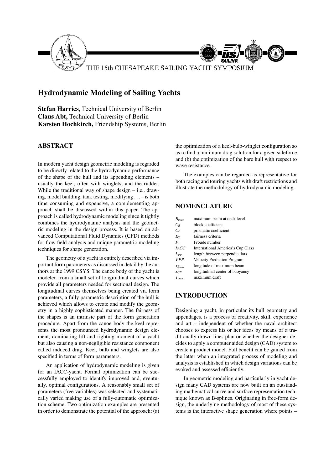 Hydrodynamic Modeling of Sailing Yachts - Paper