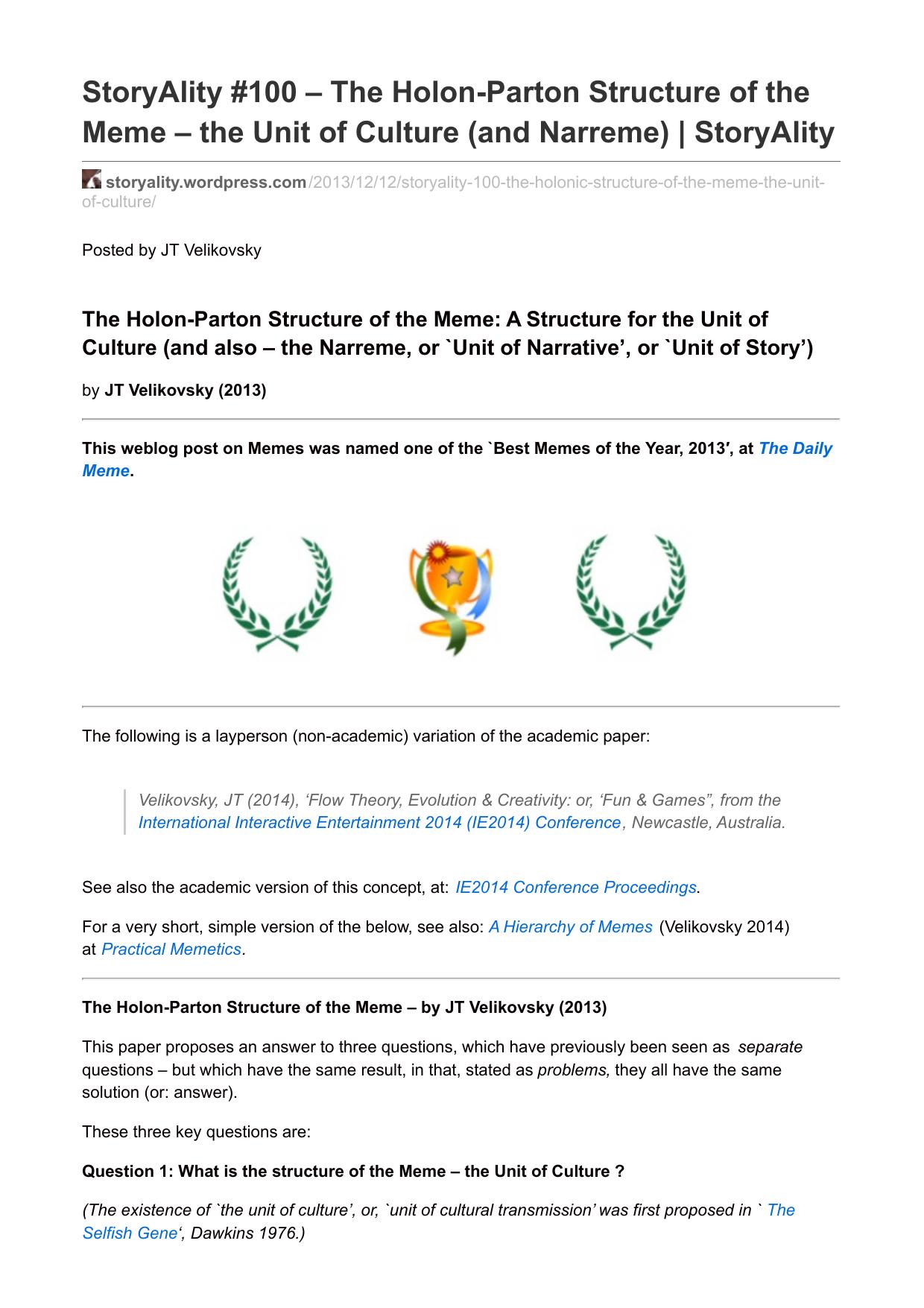 The Holon-Parton Structure of the Meme – the Unit of Culture (and Narreme)