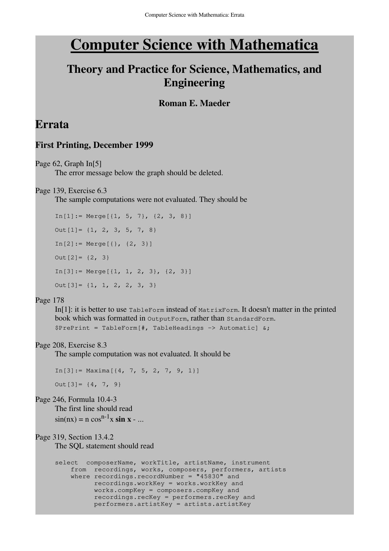 Computer Science with Mathematica®: Theory and Practice for Science, Mathematics, and Engineering - Errata