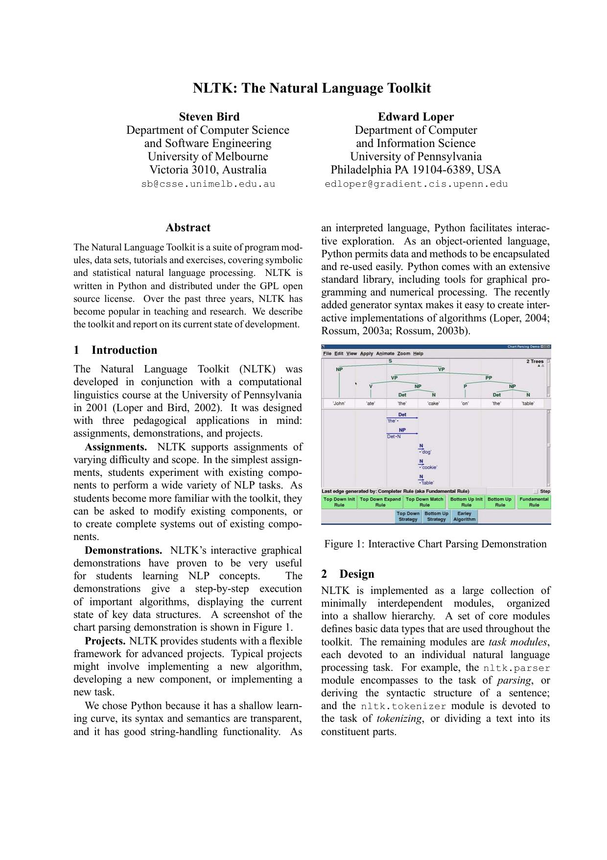 NLTK: The Natural Language Toolkit - Paper (Joint Authors)