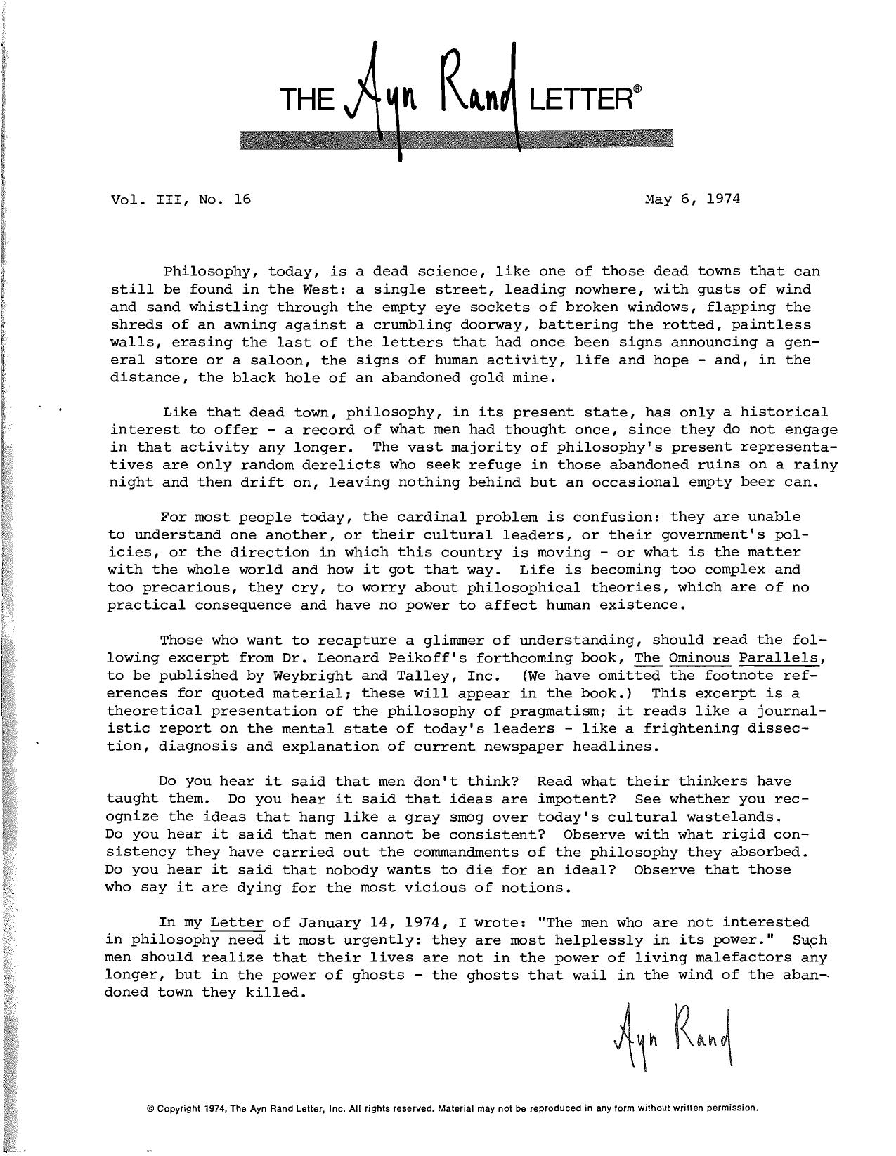 The Ayn Rand Letter (May 1974- April 1976)