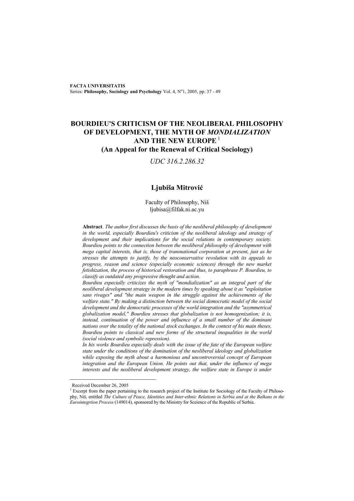 Bourdieu's Criticism of the Neoliberal Philosophy of Development - The Myth Of Mondialization and the New Europe