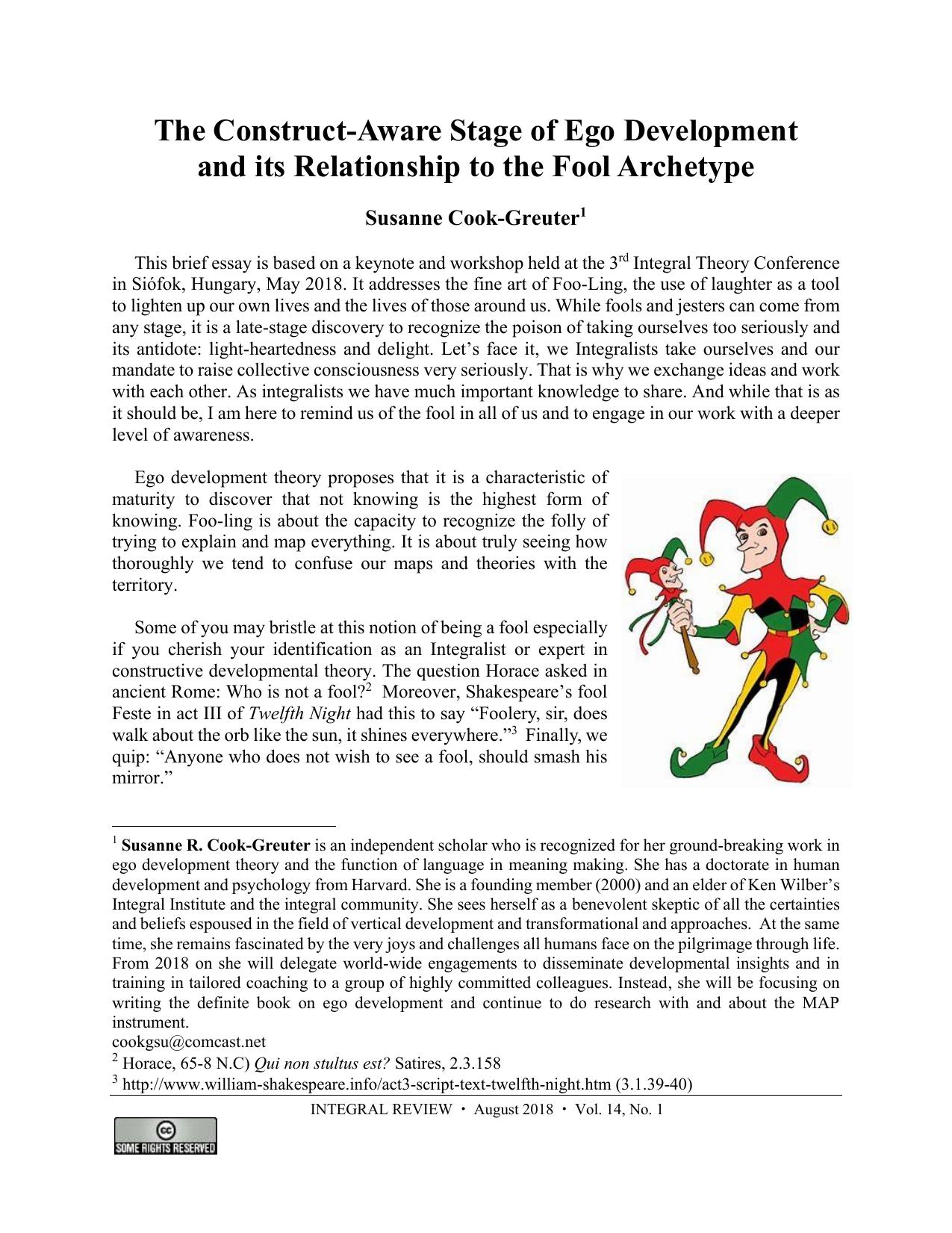 The Construct-Aware State of Ego Development and its Relationship to the Fool Archetype