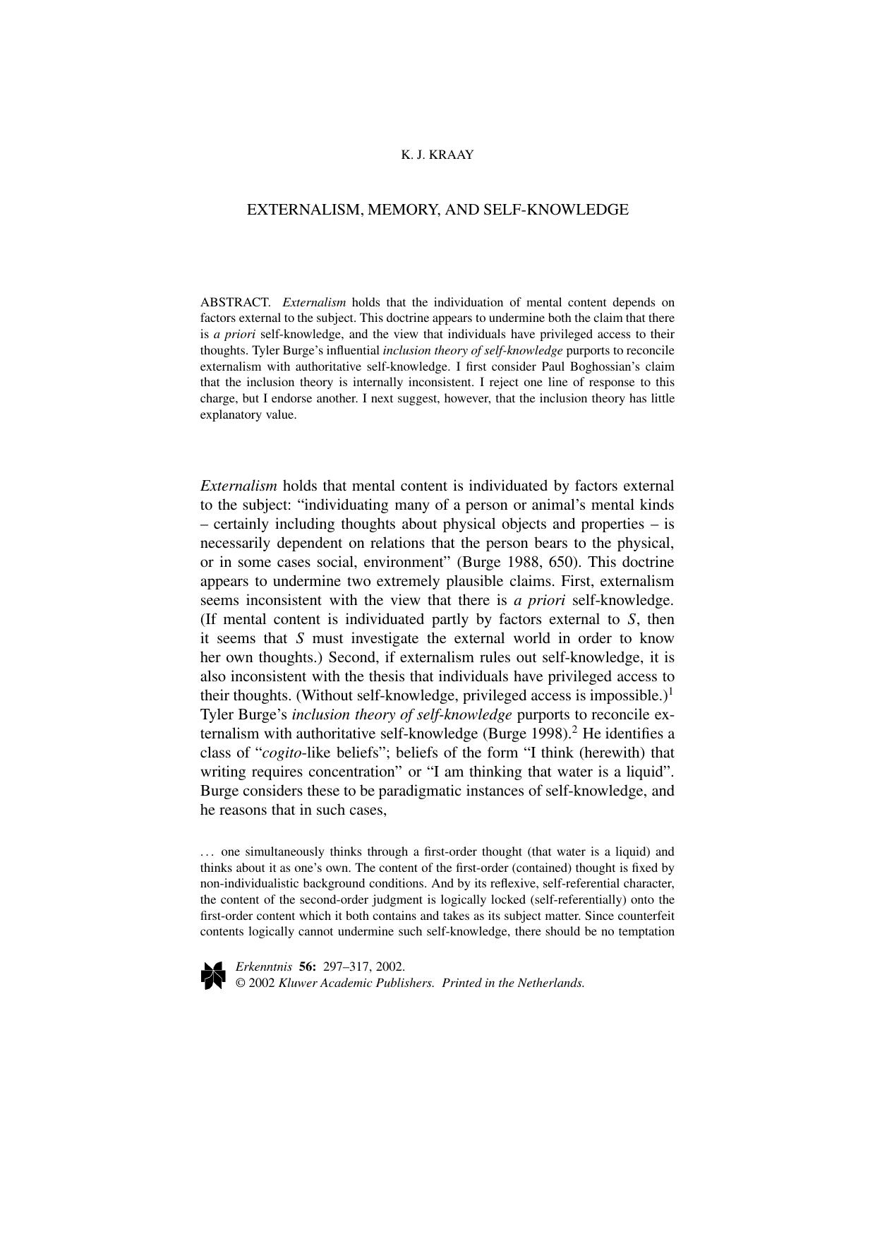 Externalism, Memory, and Self-Knowledge - Paper