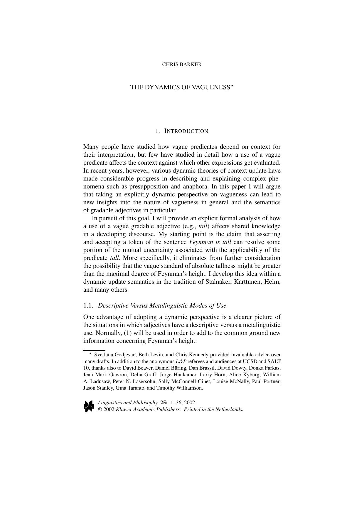Linguistics and Philosophy, 2002, vol. 25, issue 1- the dynamics of vagueness