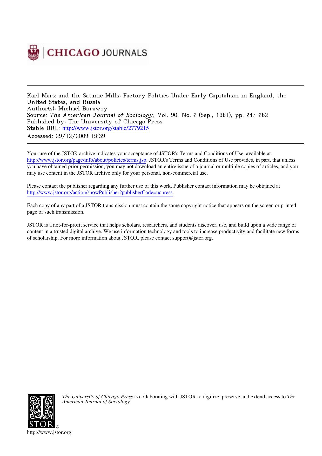 Karl Marx and the Satanic Mills: Factory Politics Under Early Capitalism in England, the United States, and Russia - Paper