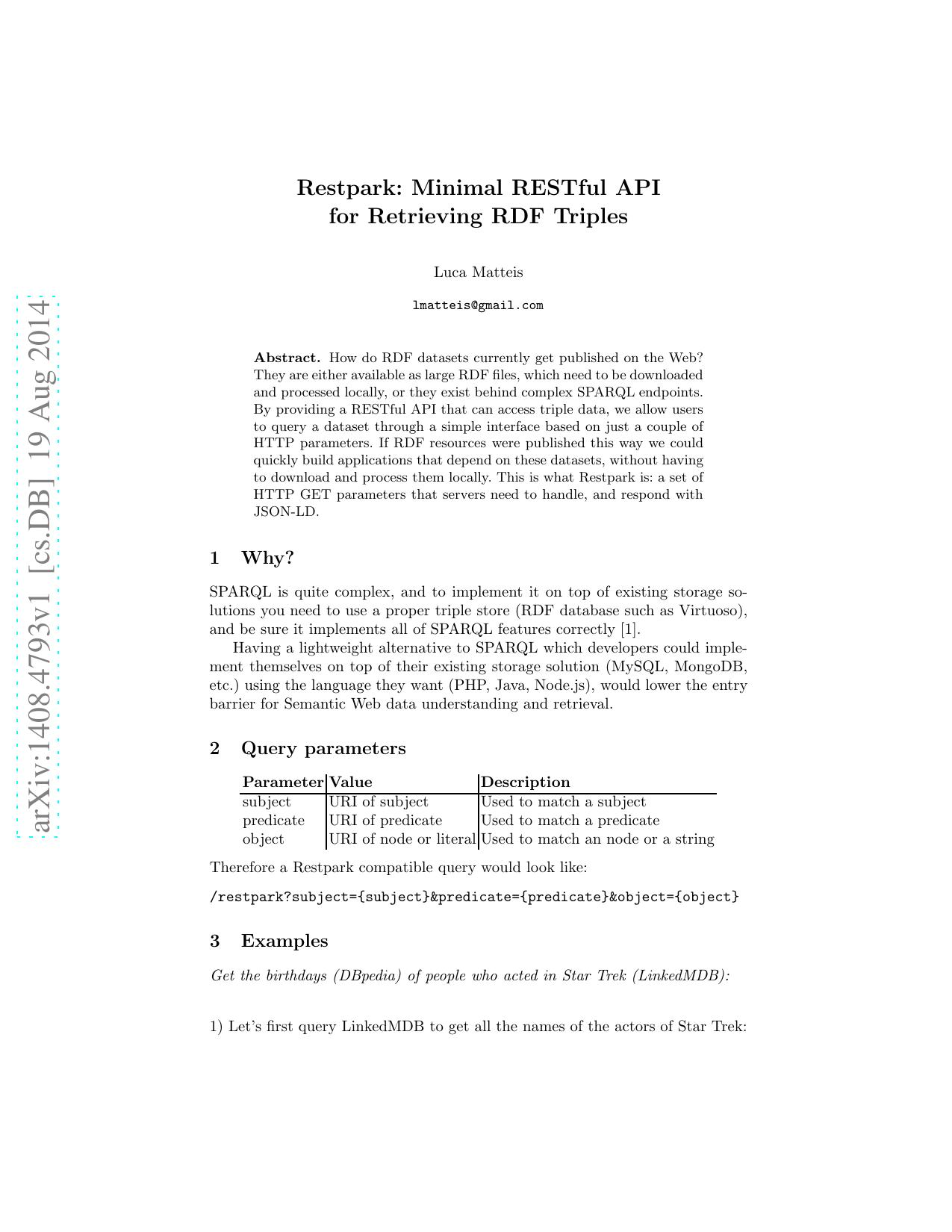 Restpark Minimal RESTful API for Retrieving RDF Triples - Paper