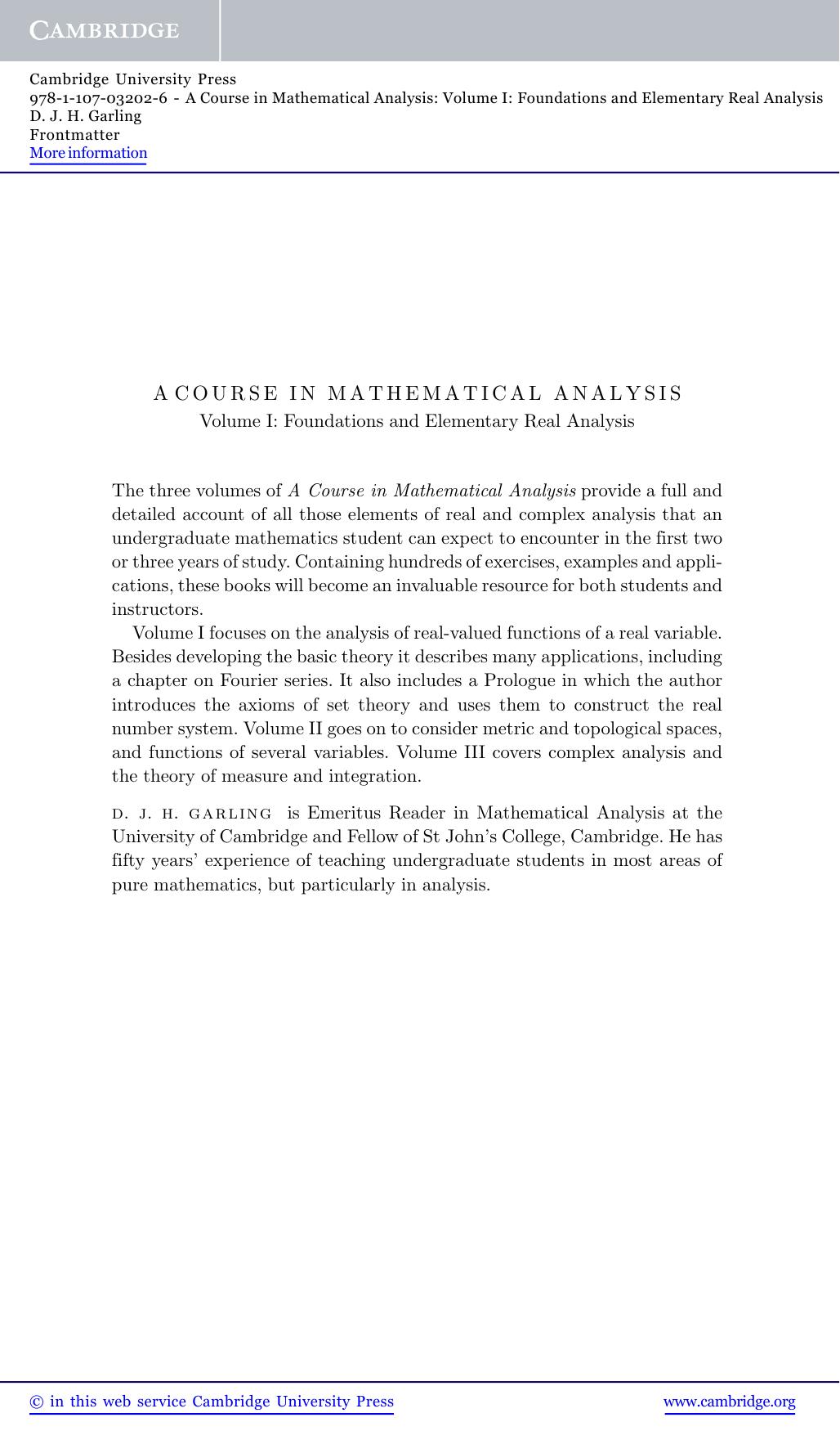 A Course in Mathematical Analysis - Volume I: Foundations and Elementary Real Analysis (Frontmatter)