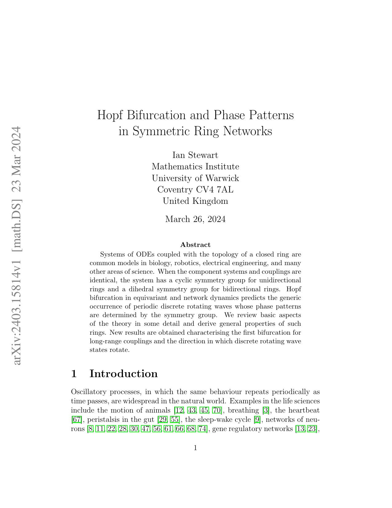 Hopf Bifurcation and Phase Patterns  in Symmetric Ring Networks - Paper