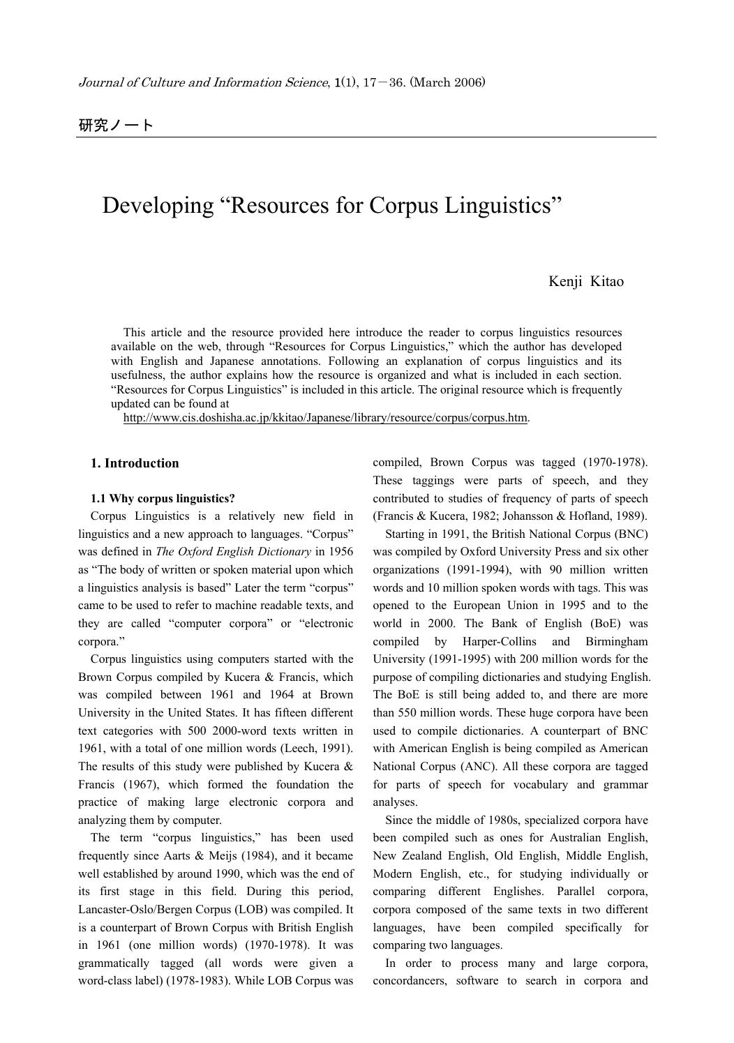 Developing “Resources for Corpus Linguistics” - Paper