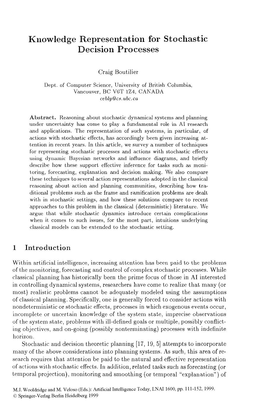 LNAI 1600 - Knowledge Representation for Stochastic Decision Processes - Paper