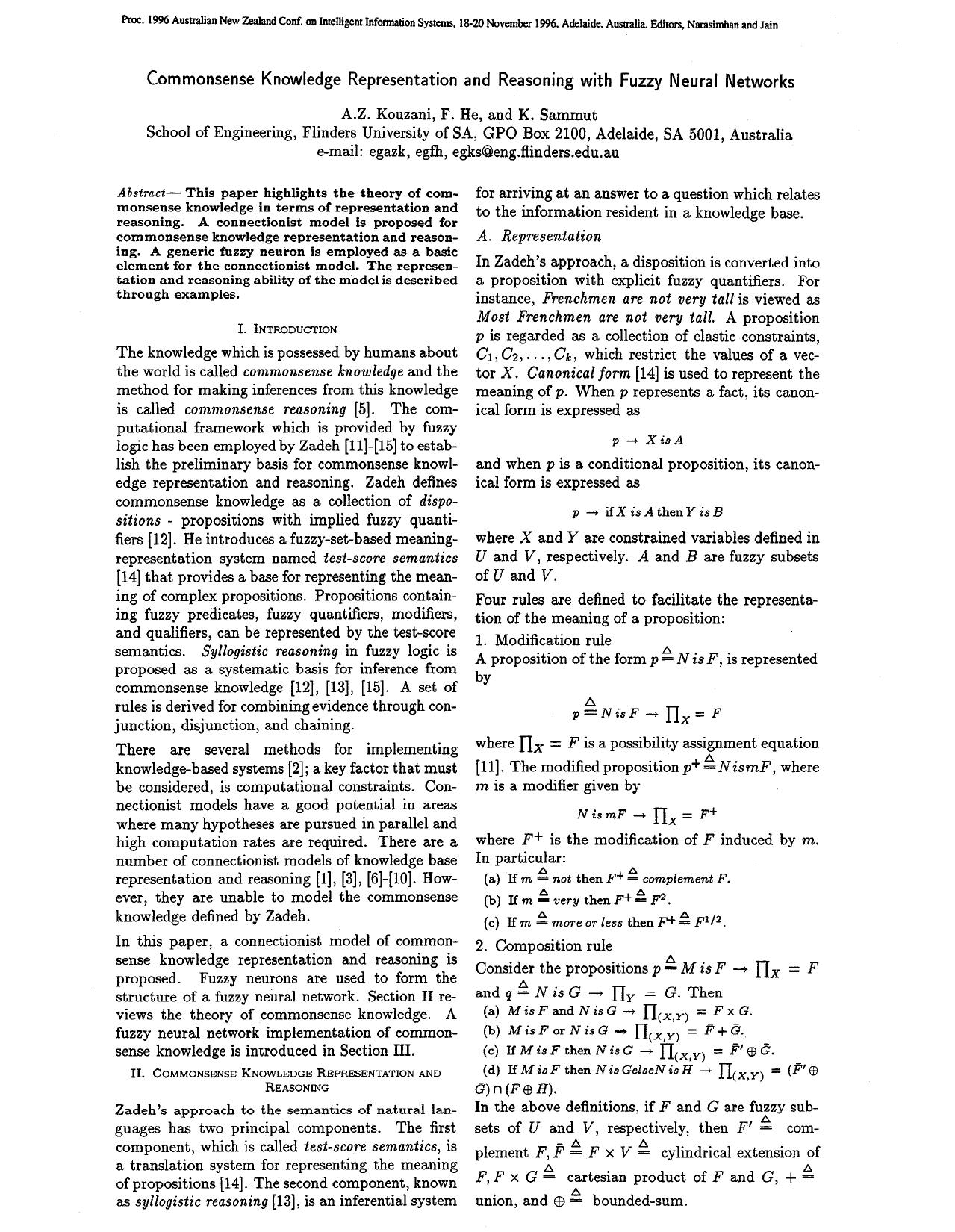 Commonsense Knowledge Representation And Reasoning With Fuzzy Neural Networks - Intelligent Information Systems, 1996., Australian and New Zealand Conference on