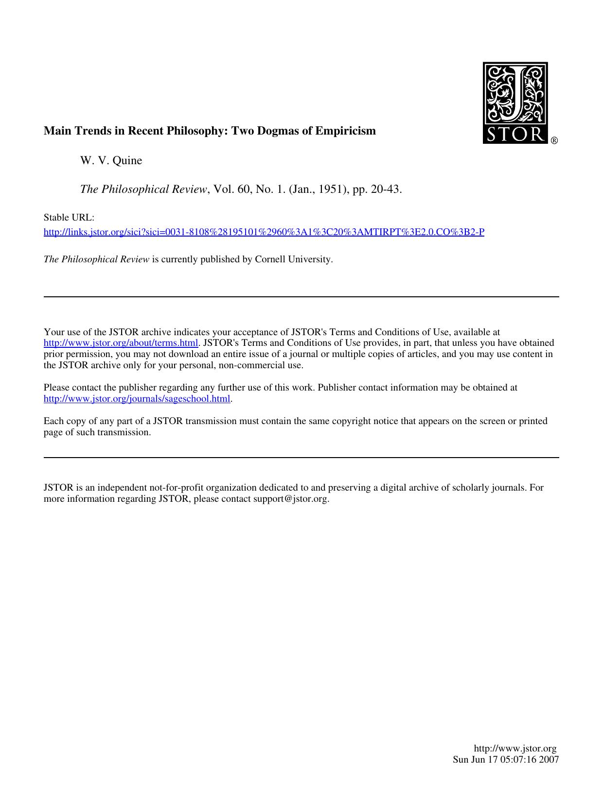 Main Trends in Recent Philosophy - Two Dogmas of Empiricism - Essay