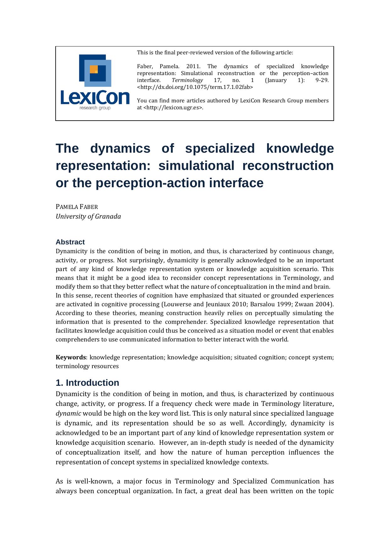 The dynamics of specialized knowledge representation: simulational reconstruction or the perception-action interface - Paper