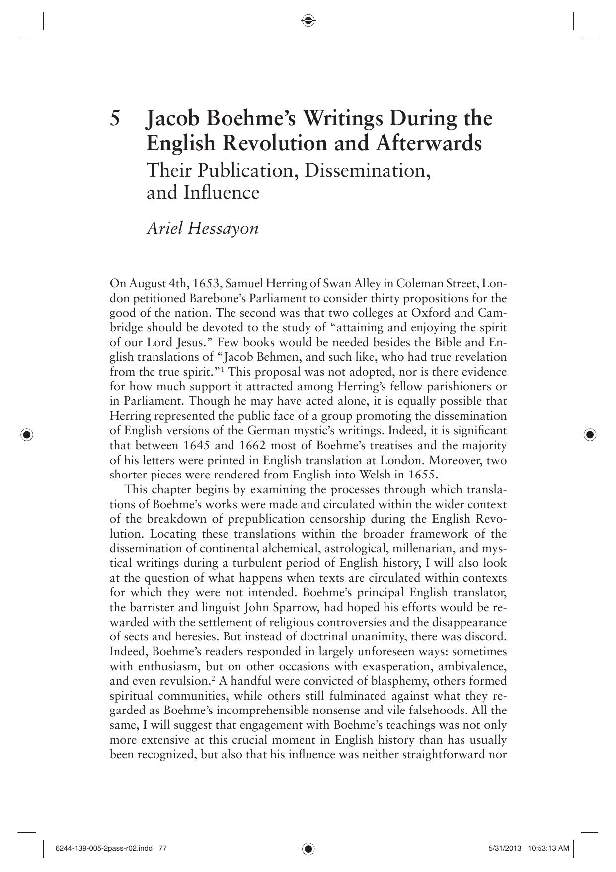 Jacob Boehme’s Writings During the English Revolution and Afterwards - Their Publication, Dissemination, and Inﬂuence - Essay