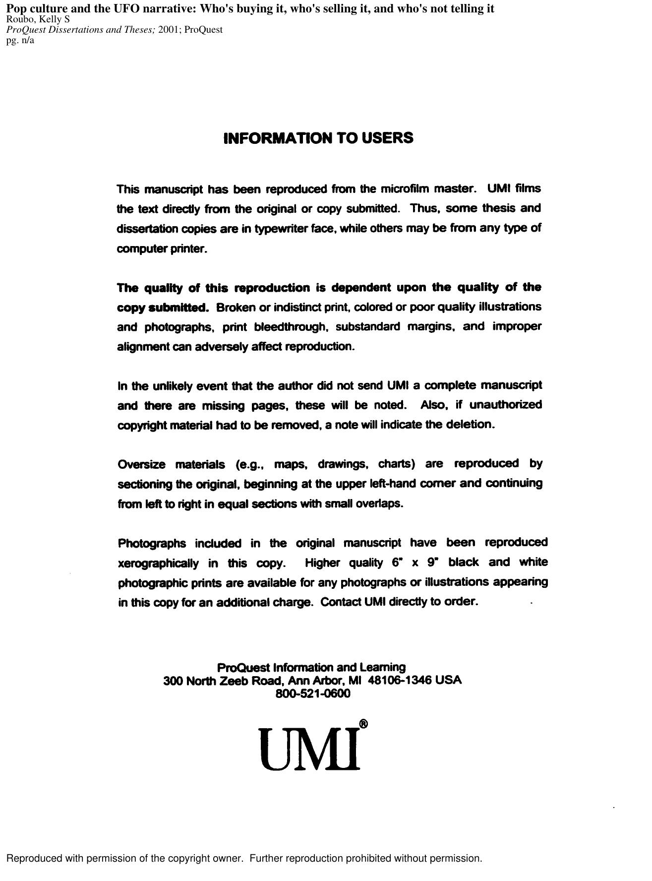 2001, Dissertation, Pop Culture and the UFO Narrative ~ Who's Buying It, Who's Selling It, and Who's Not Telling It