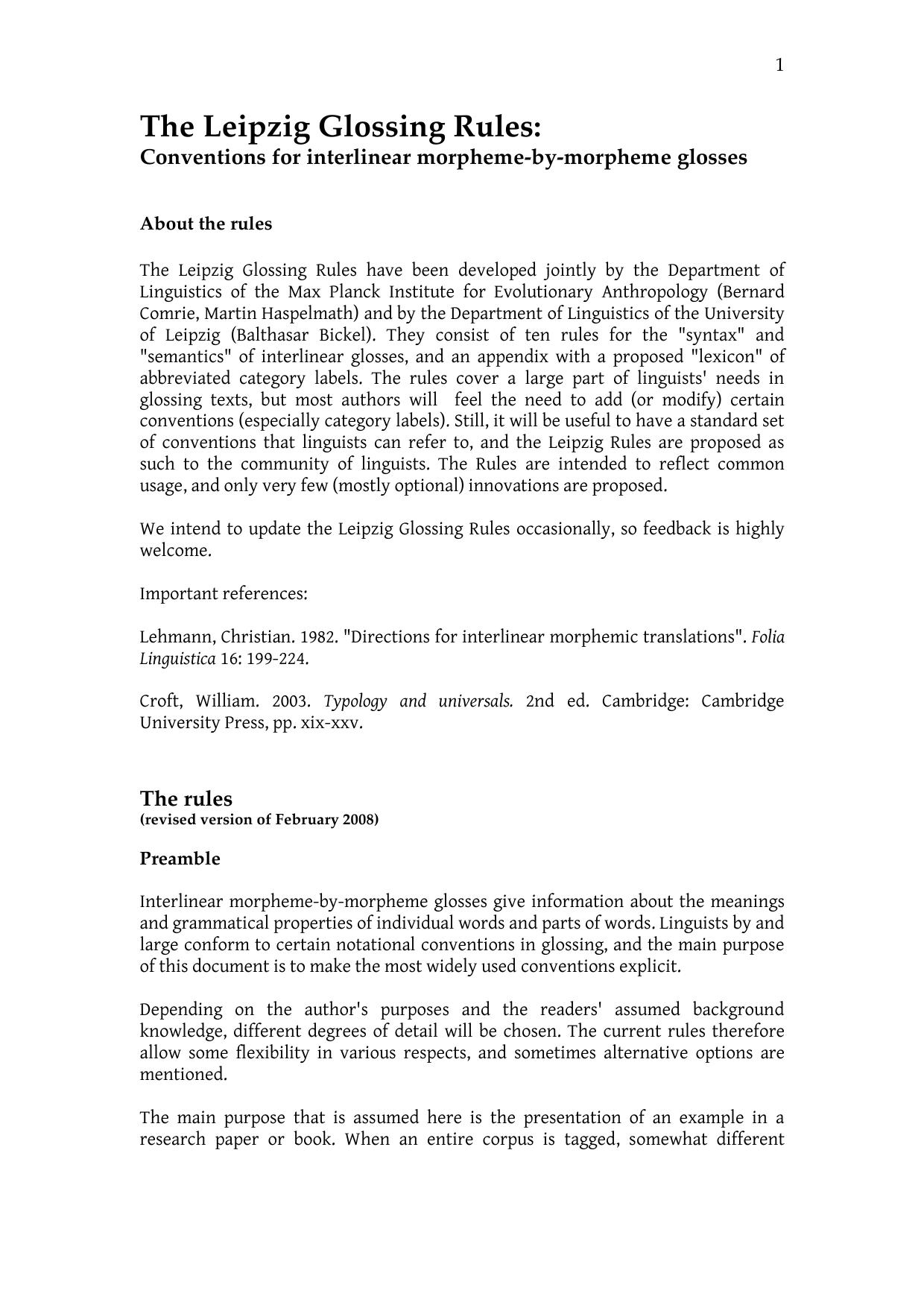 Leipzig Glossing Rules Conventions for interlinear morpheme-by-morpheme glosses - Summary