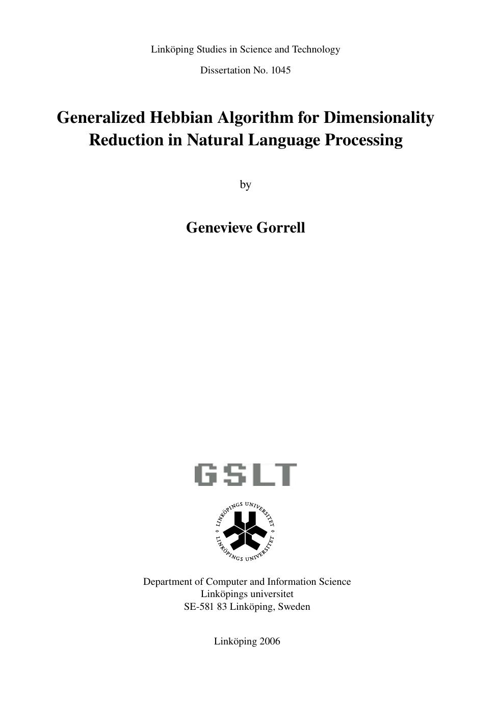 Generalized Hebbian Algorithm for Dimensionality Reduction in Natural Language Processing - Thesis